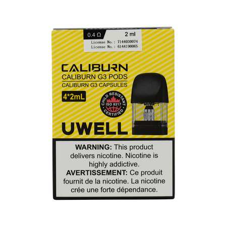 Uwell Caliburn G3 replacement pods pack with 2ml capacity and 0.4ohm resistance for optimal vaping experience.