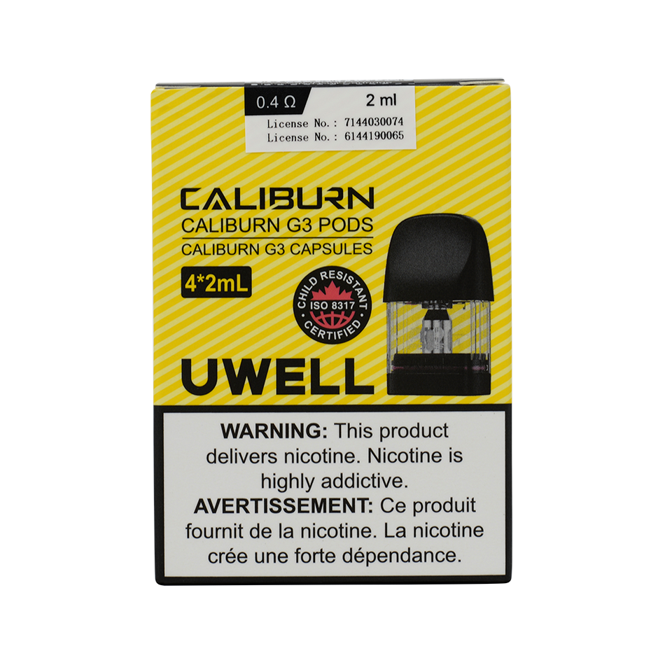 Uwell Caliburn G3 replacement pods pack with 2ml capacity and 0.4ohm resistance for optimal vaping experience.