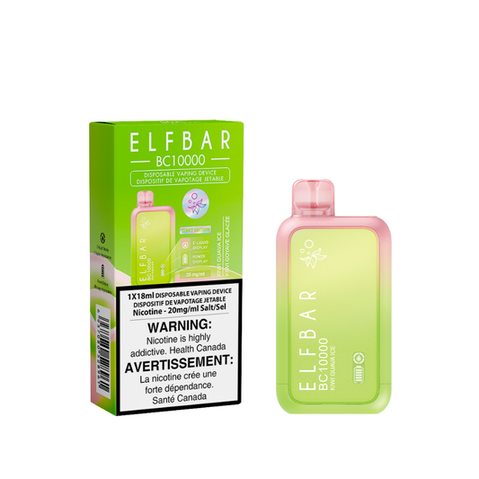 Elf Bar BC10000 Kiwi Guava Ice delivers up to 10,000 puffs of tropical kiwi and guava flavor with an icy finish and a rechargeable Type-C battery.