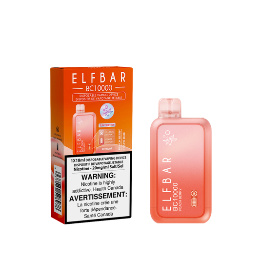 Elf Bar BC10000 Peach Berry delivers up to 10,000 puffs of sweet peach and juicy berry flavor with smooth draws and a rechargeable Type-C battery.