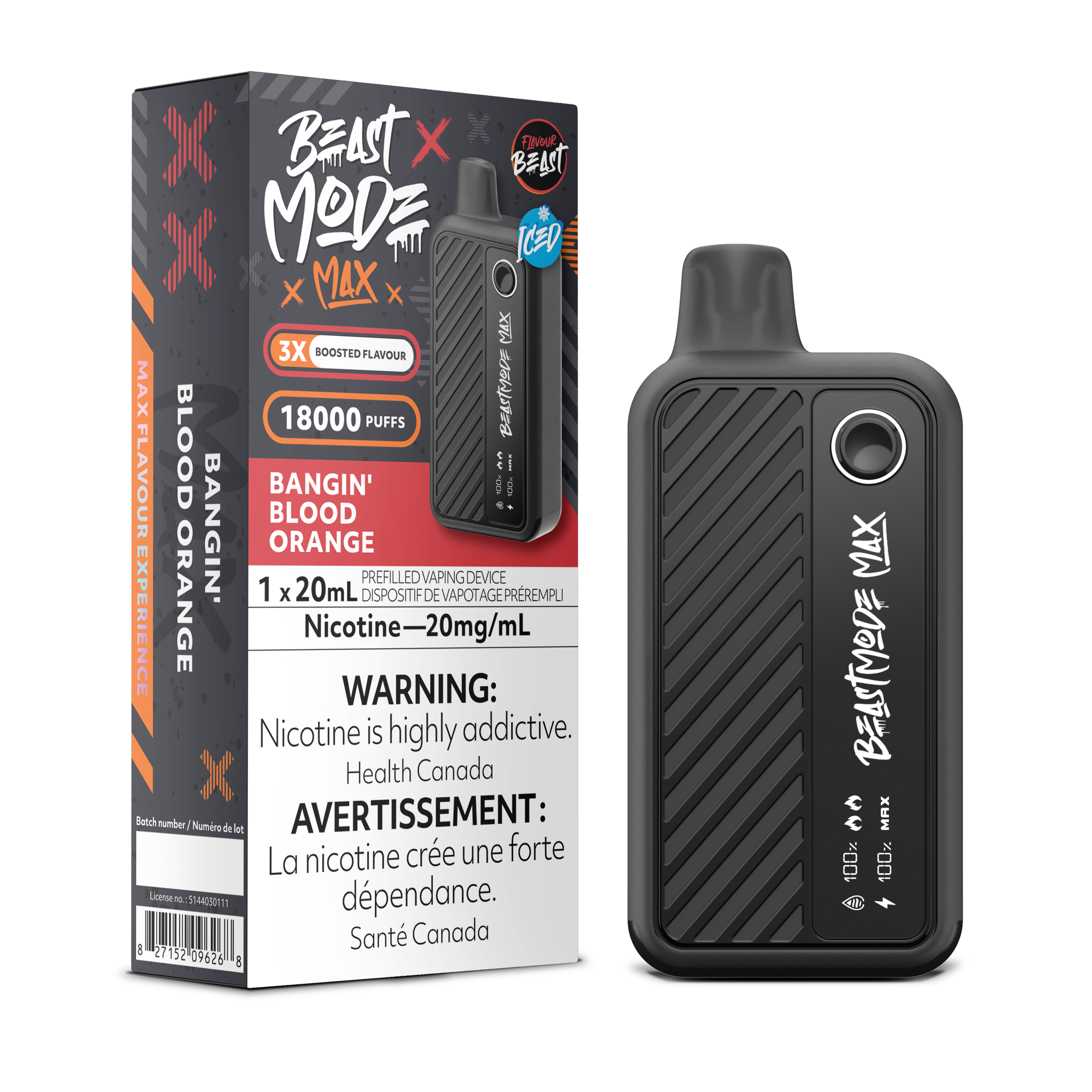 Experience the bold citrus burst of Flavour Beast Beast Mode Max 18K Bangin' Blood Orange Iced disposable vape. Enjoy up to 18,000 puffs of tangy blood orange with a refreshing icy finish, featuring adjustable power modes and an LED display for real-time monitoring.