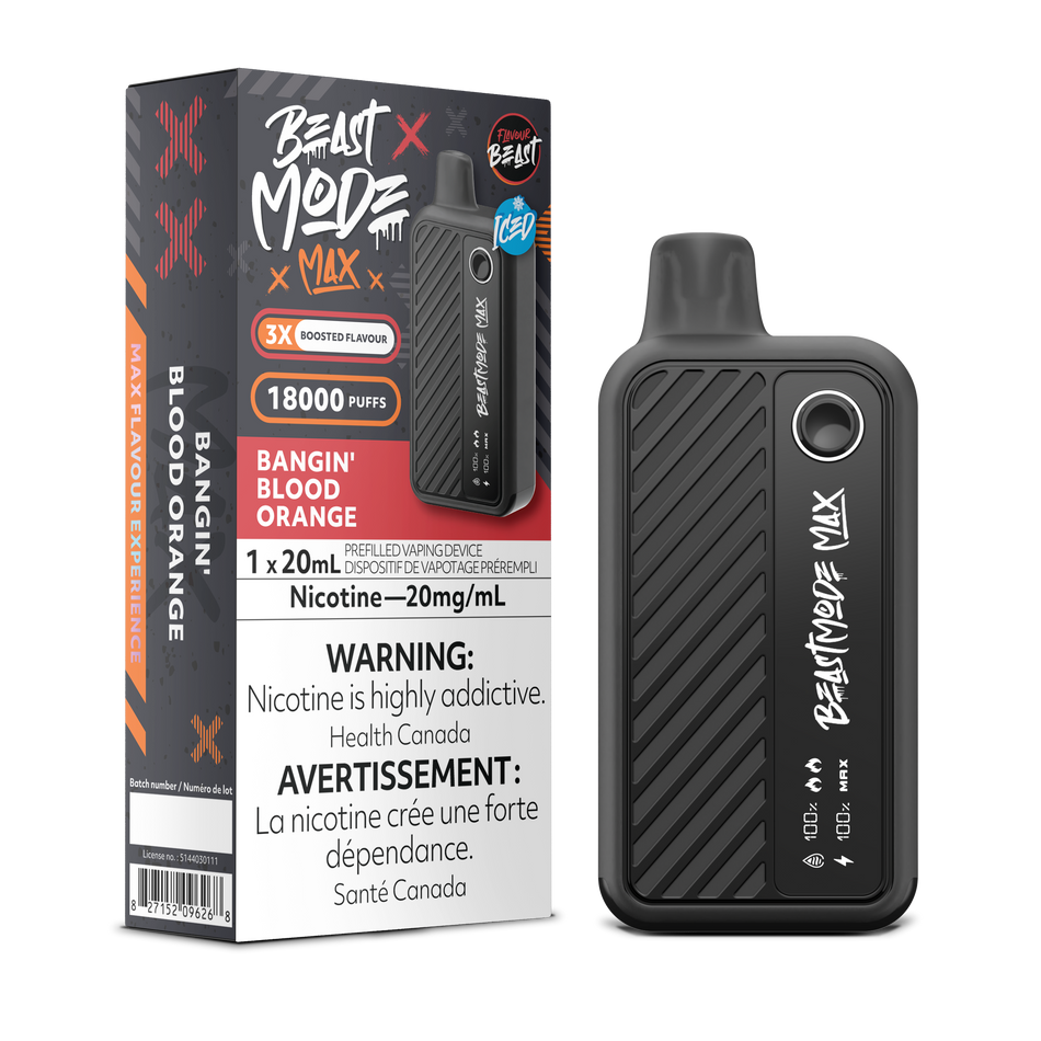 Experience the bold citrus burst of Flavour Beast Beast Mode Max 18K Bangin' Blood Orange Iced disposable vape. Enjoy up to 18,000 puffs of tangy blood orange with a refreshing icy finish, featuring adjustable power modes and an LED display for real-time monitoring.