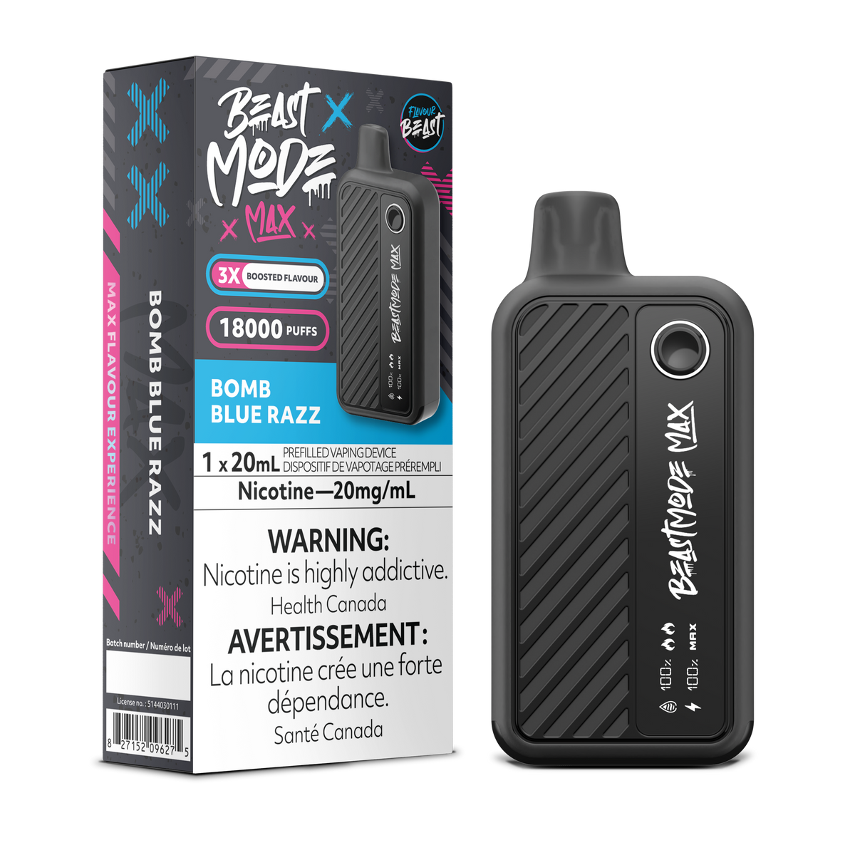 Flavour Beast Beast Mode Max Bomb Blue Razz disposable vape delivers up to 18,000 puffs of sweet and tangy blue raspberry flavor with adjustable modes and airflow control.