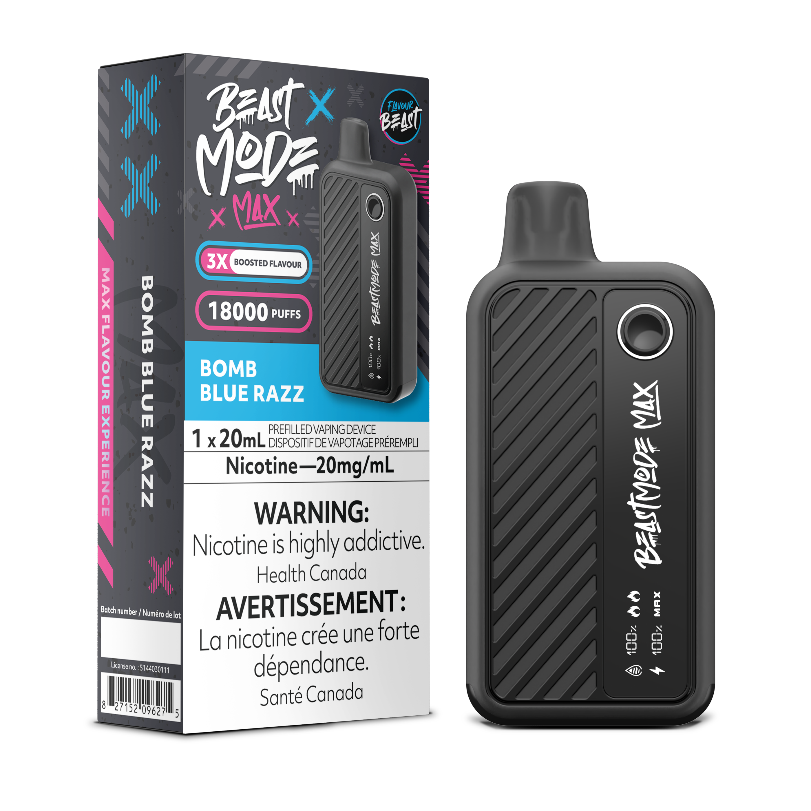 Flavour Beast Beast Mode Max Bomb Blue Razz disposable vape delivers up to 18,000 puffs of sweet and tangy blue raspberry flavor with adjustable modes and airflow control.