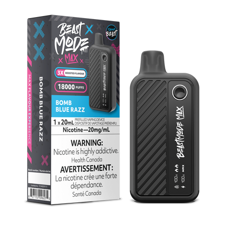 Flavour Beast Beast Mode Max Bomb Blue Razz disposable vape delivers up to 18,000 puffs of sweet and tangy blue raspberry flavor with adjustable modes and airflow control.