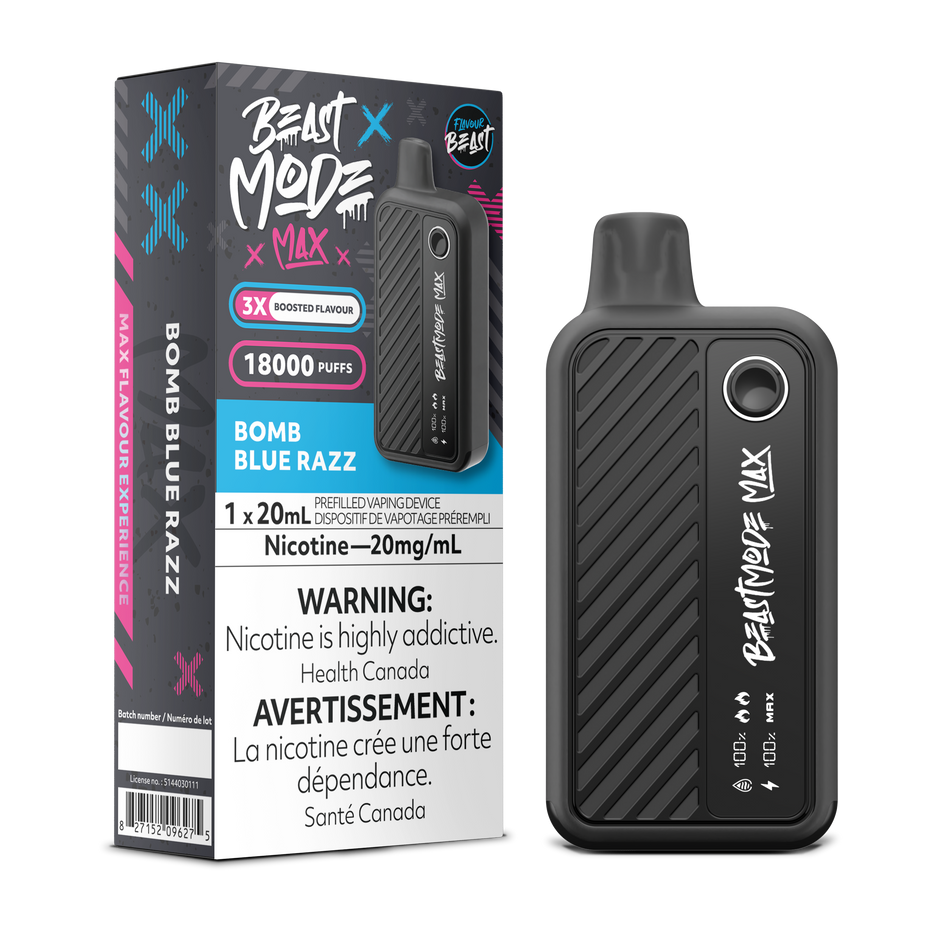 Flavour Beast Beast Mode Max Bomb Blue Razz disposable vape delivers up to 18,000 puffs of sweet and tangy blue raspberry flavor with adjustable modes and airflow control.