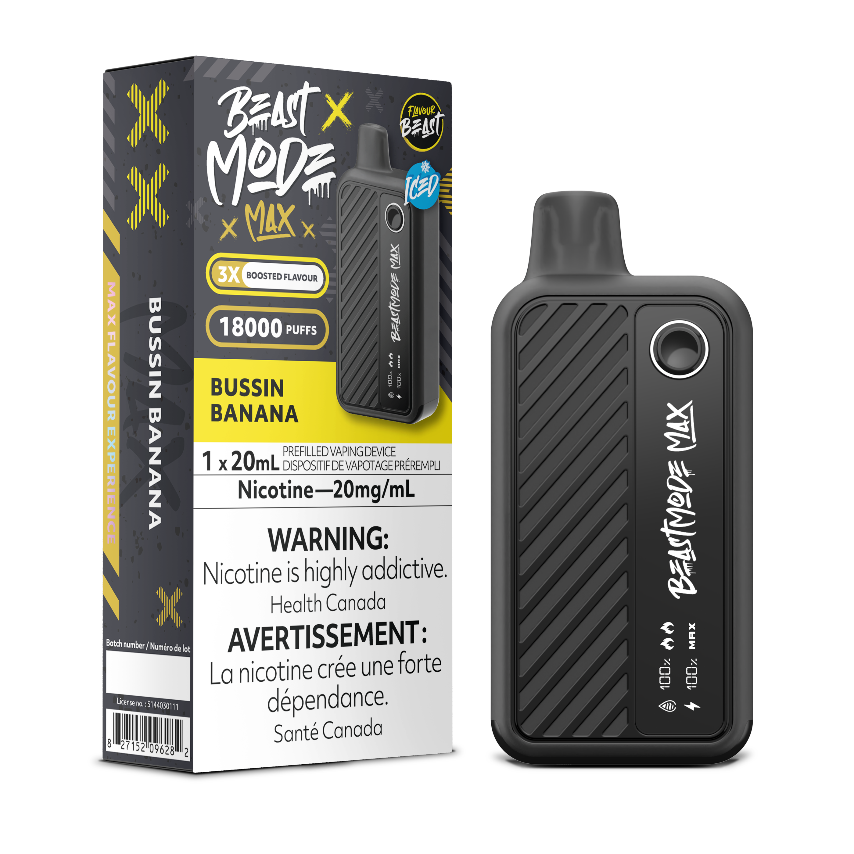 Flavour Beast Beast Mode Max Bussin' Banana Iced disposable vape offers up to 18,000 puffs of creamy banana flavor with a refreshing icy finish and adjustable modes.