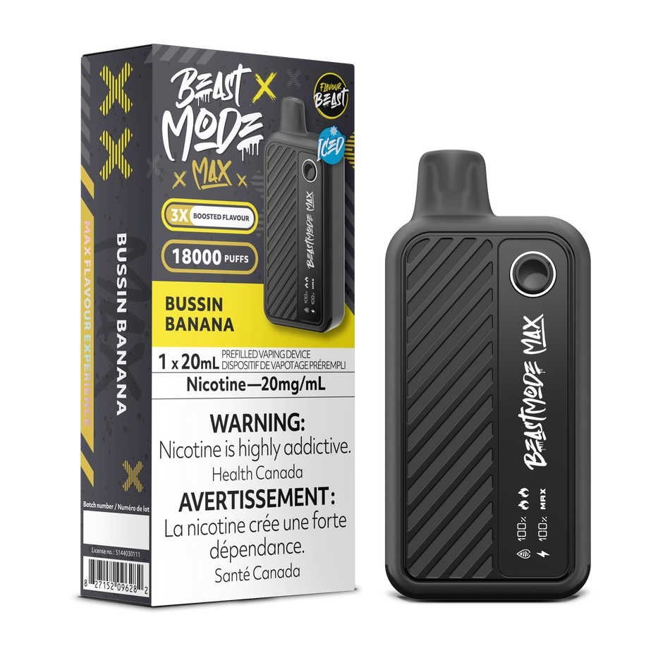 Flavour Beast Beast Mode Max Bussin' Banana Iced disposable vape offers up to 18,000 puffs of creamy banana flavor with a refreshing icy finish and adjustable modes.