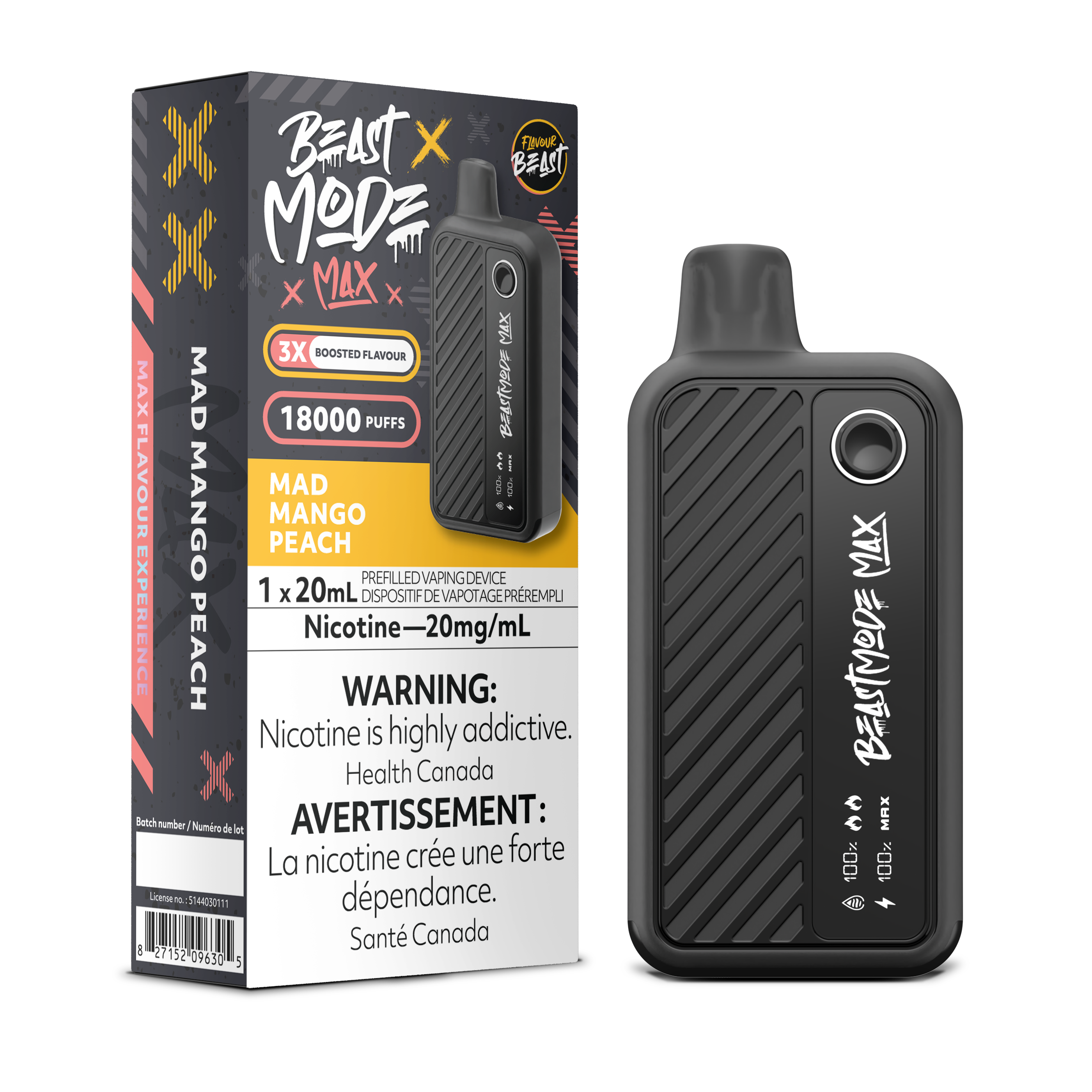 Flavour Beast Beast Mode Max Mad Mango Peach disposable vape offers up to 18,000 puffs of tropical mango and juicy peach flavor with adjustable modes and LED display.