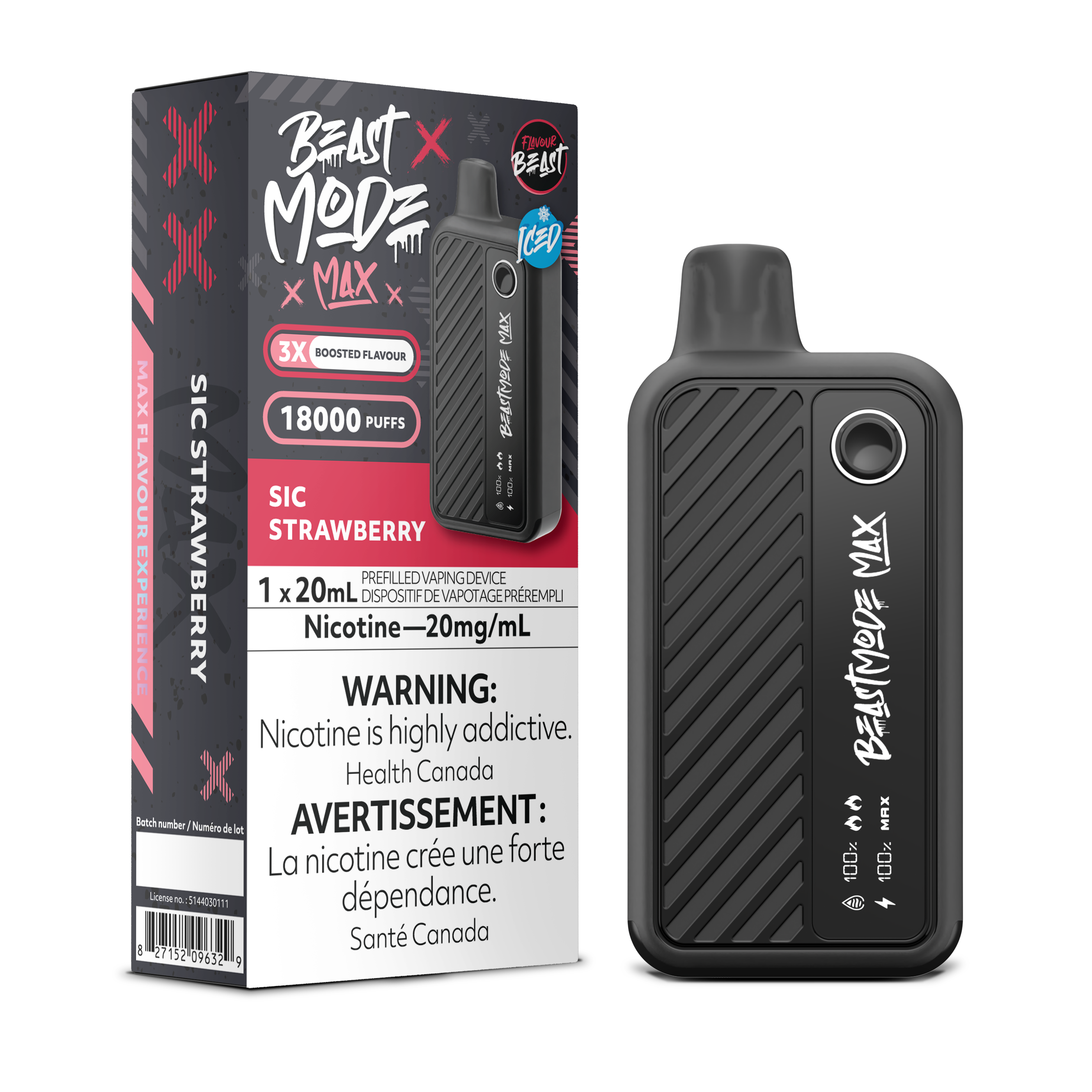 Flavour Beast Beast Mode Max Sic Strawberry disposable vape — up to 18,000 puffs of icy strawberry flavor with LED display, adjustable modes, and sleek rechargeable design.