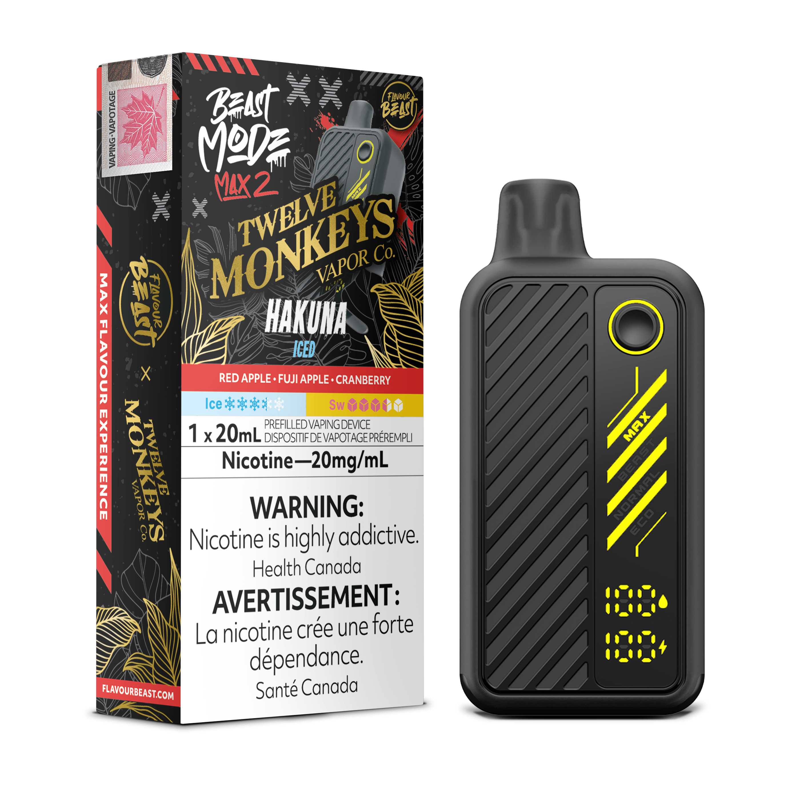 Flavour Beast Beast Mode Max 2 x Twelve Monkeys Hakuna Iced 20 mg disposable vape — red apple, Fuji apple and cranberry blend for a cool, crisp fruit flavour.