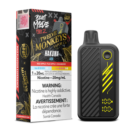 Flavour Beast Beast Mode Max 2 x Twelve Monkeys Hakuna Iced 20 mg disposable vape — red apple, Fuji apple and cranberry blend for a cool, crisp fruit flavour.