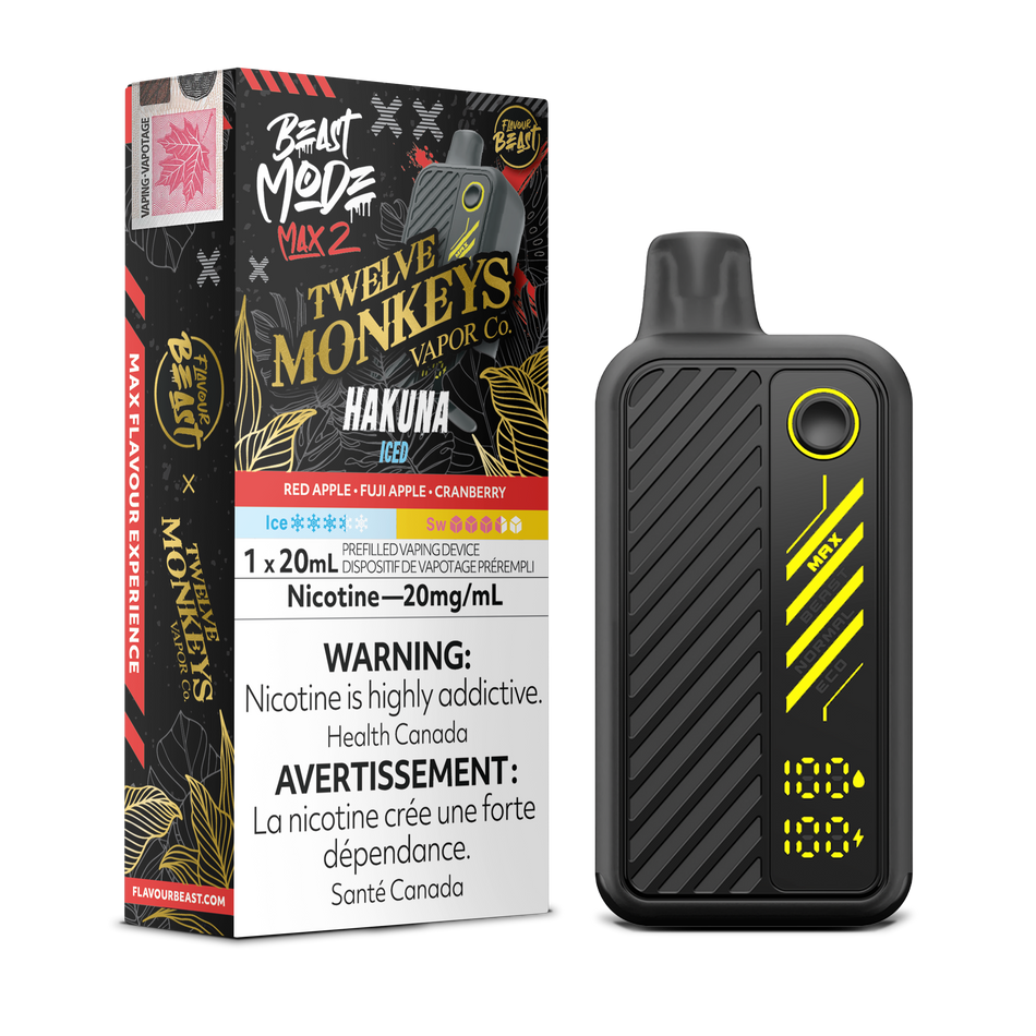 Flavour Beast Beast Mode Max 2 x Twelve Monkeys Hakuna Iced 20 mg disposable vape — red apple, Fuji apple and cranberry blend for a cool, crisp fruit flavour.