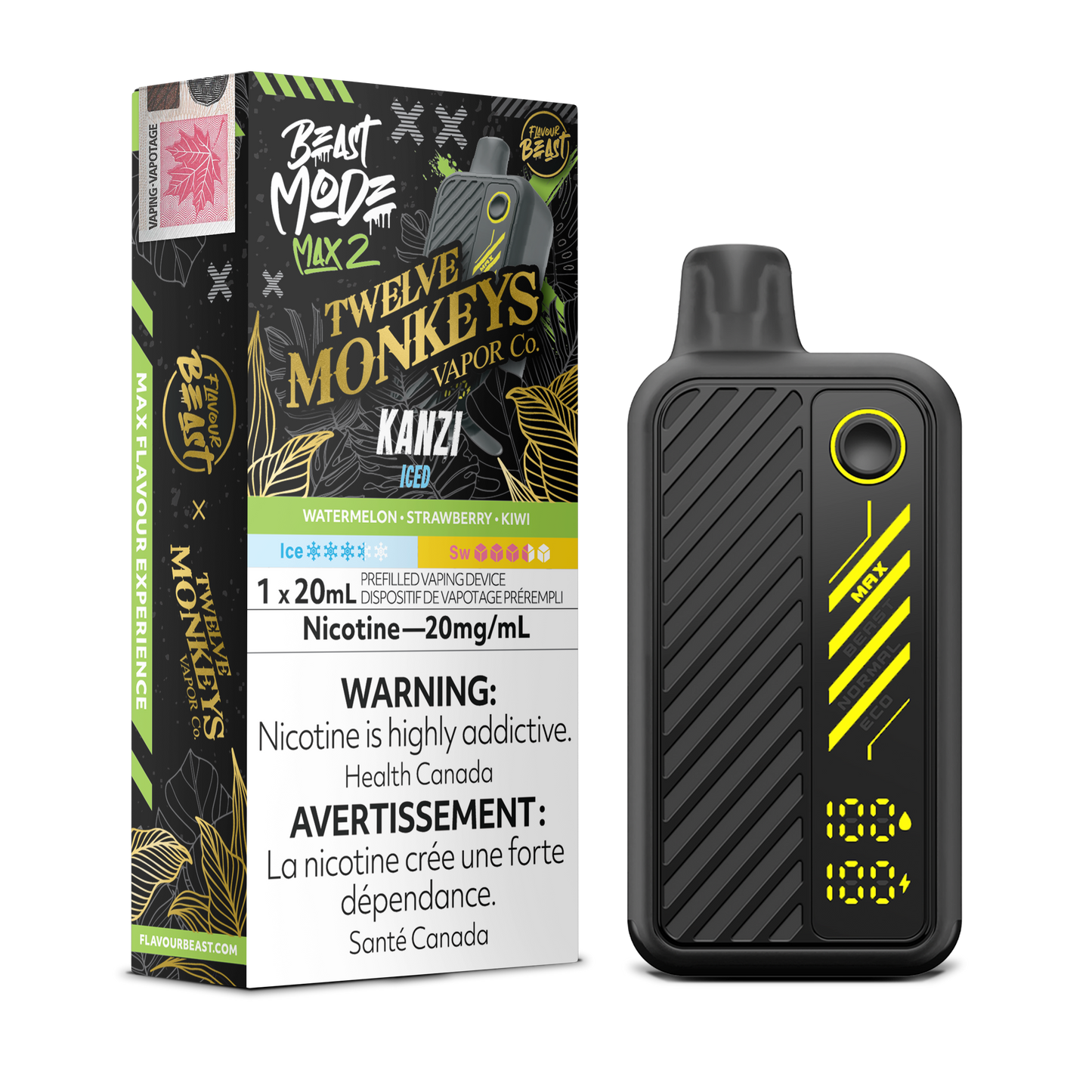 Flavour Beast Beast Mode Max 2 Kanzi Iced disposable vape: watermelon, strawberry and kiwi blend with icy finish, up to 50,000 puffs in sleek high-performance design.