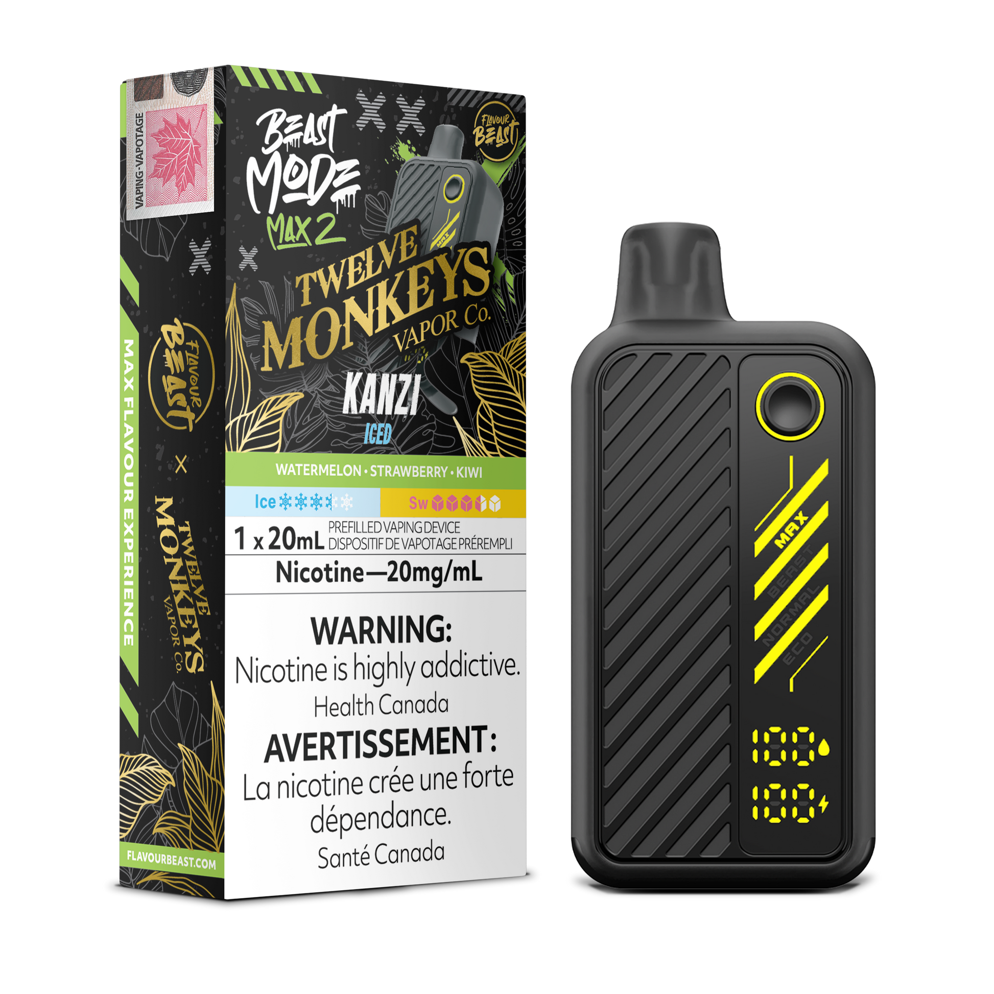 Flavour Beast Beast Mode Max 2 Kanzi Iced disposable vape: watermelon, strawberry and kiwi blend with icy finish, up to 50,000 puffs in sleek high-performance design.