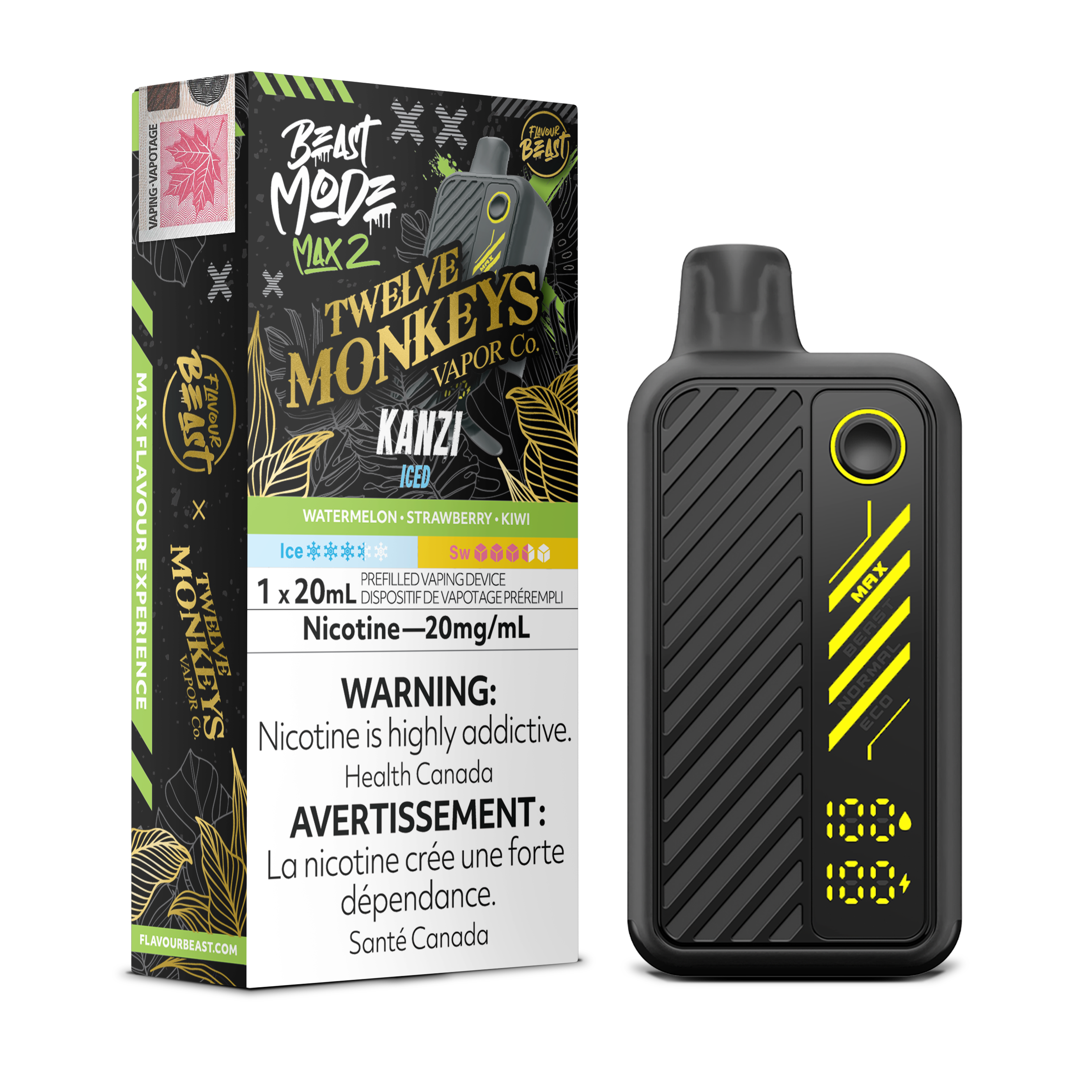 Flavour Beast Beast Mode Max 2 Kanzi Iced disposable vape: watermelon, strawberry and kiwi blend with icy finish, up to 50,000 puffs in sleek high-performance design.