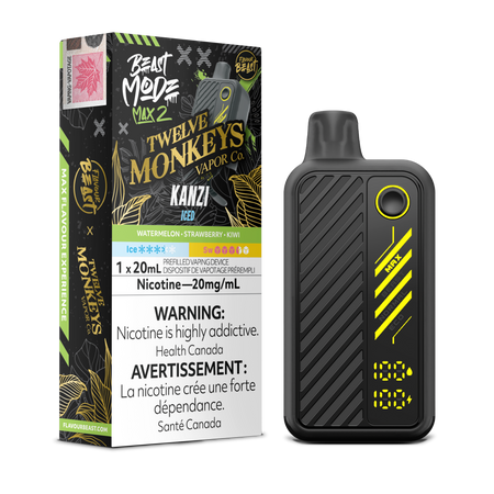 Flavour Beast Beast Mode Max 2 Kanzi Iced disposable vape: watermelon, strawberry and kiwi blend with icy finish, up to 50,000 puffs in sleek high-performance design.