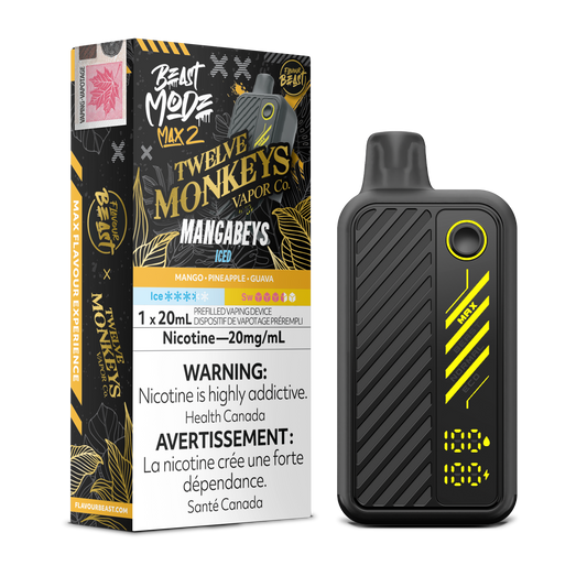 Flavour Beast Beast Mode Max 2 Mangabeys Iced disposable vape — a tropical fusion of pineapple, mango & guava with icy finish, up to 50,000 puffs.