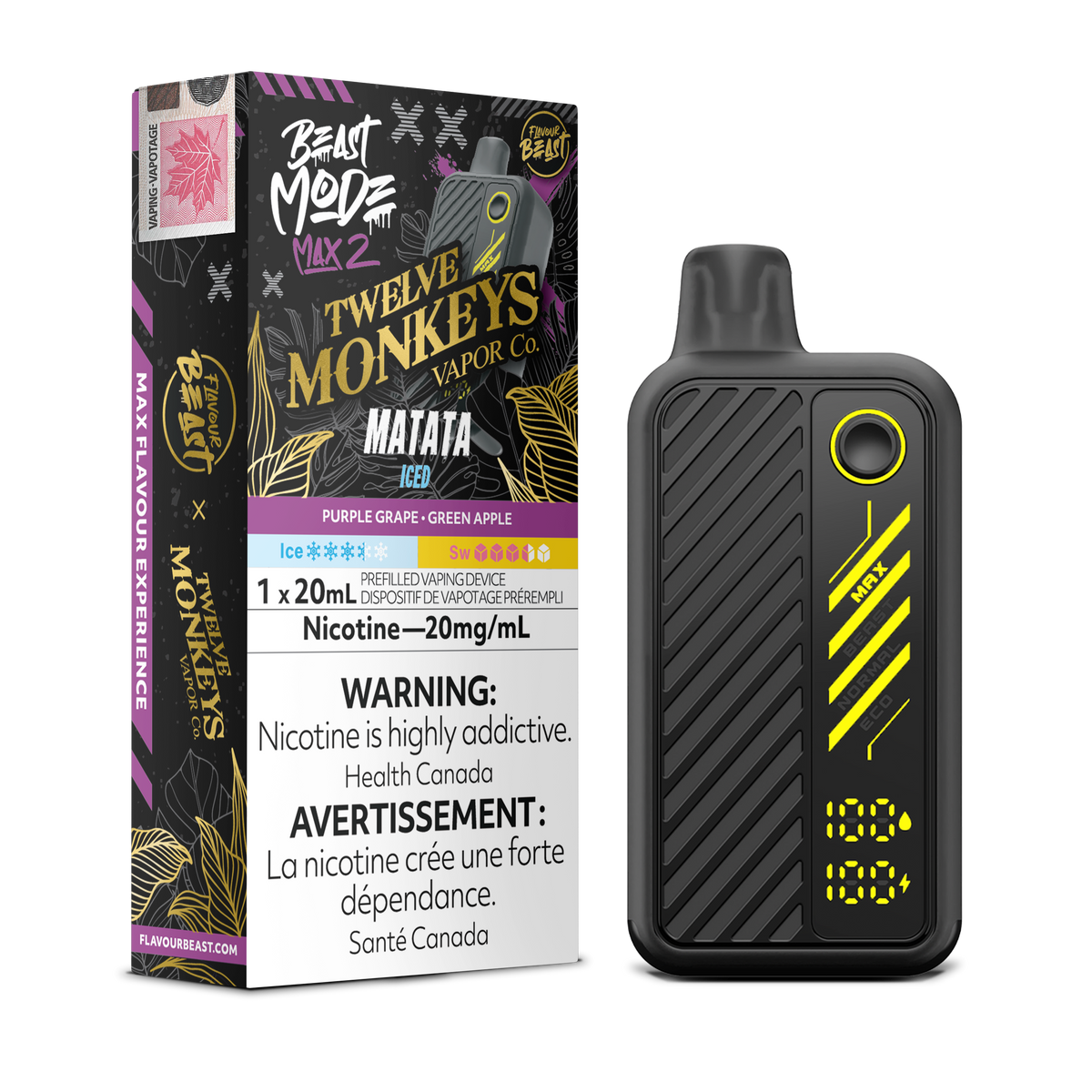 Flavour Beast Beast Mode Max 2 Matata Iced disposable vape with purple grape and green apple flavour, up to 50,000 puffs, sleek high-performance design.