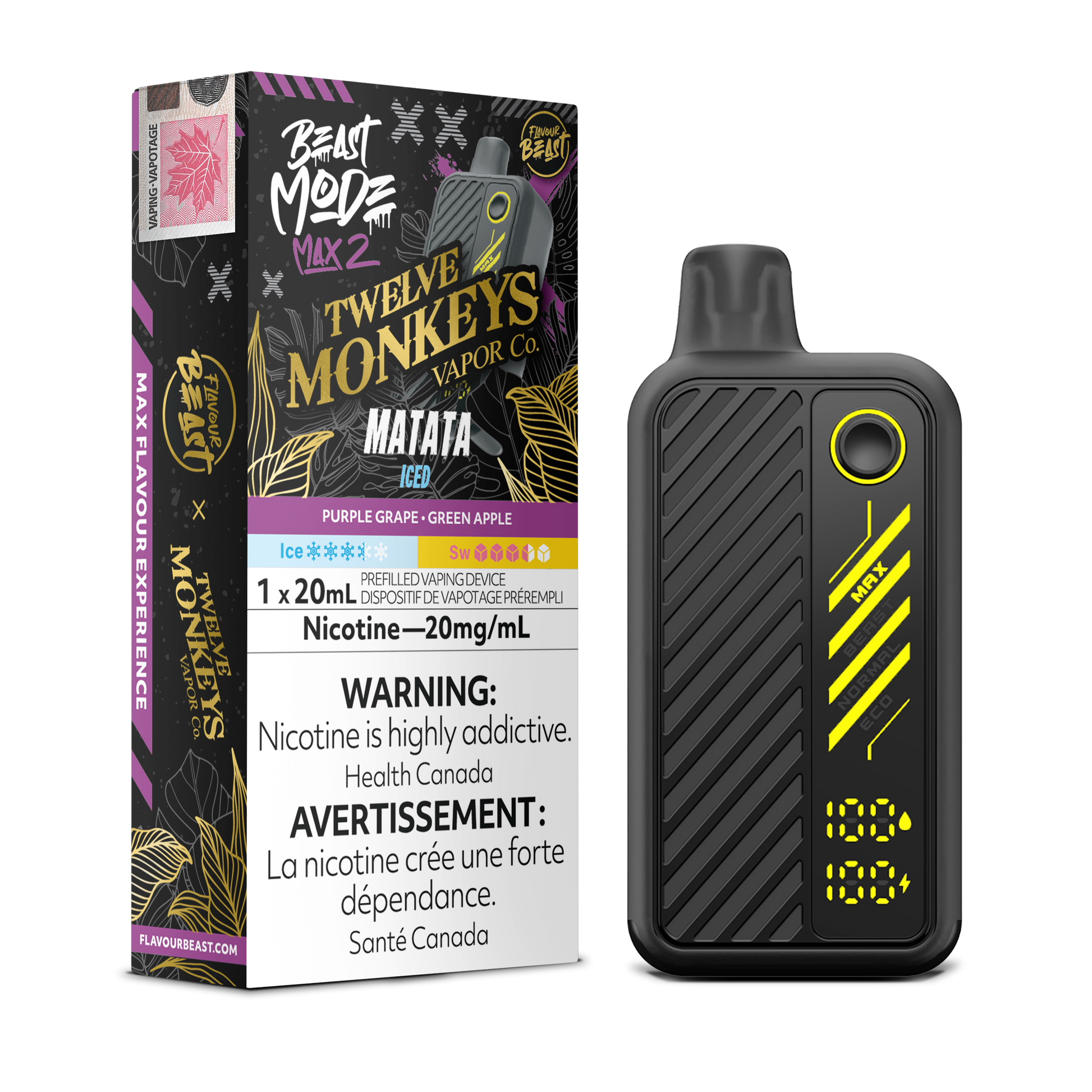 Flavour Beast Beast Mode Max 2 Matata Iced disposable vape with purple grape and green apple flavour, up to 50,000 puffs, sleek high-performance design.