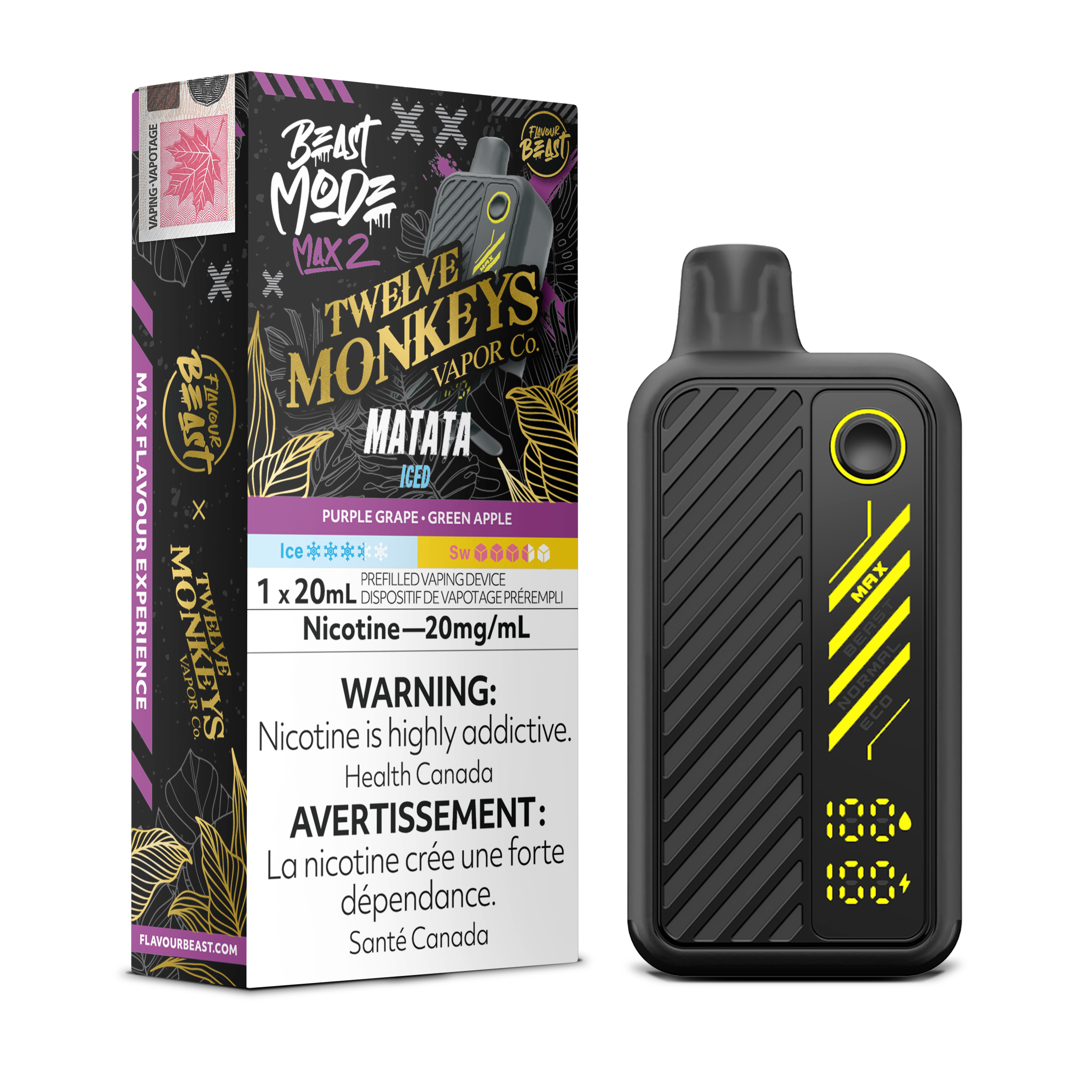 Flavour Beast Beast Mode Max 2 Matata Iced disposable vape with purple grape and green apple flavour, up to 50,000 puffs, sleek high-performance design.