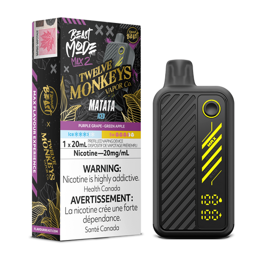 Flavour Beast Beast Mode Max 2 Matata Iced disposable vape with purple grape and green apple flavour, up to 50,000 puffs, sleek high-performance design.