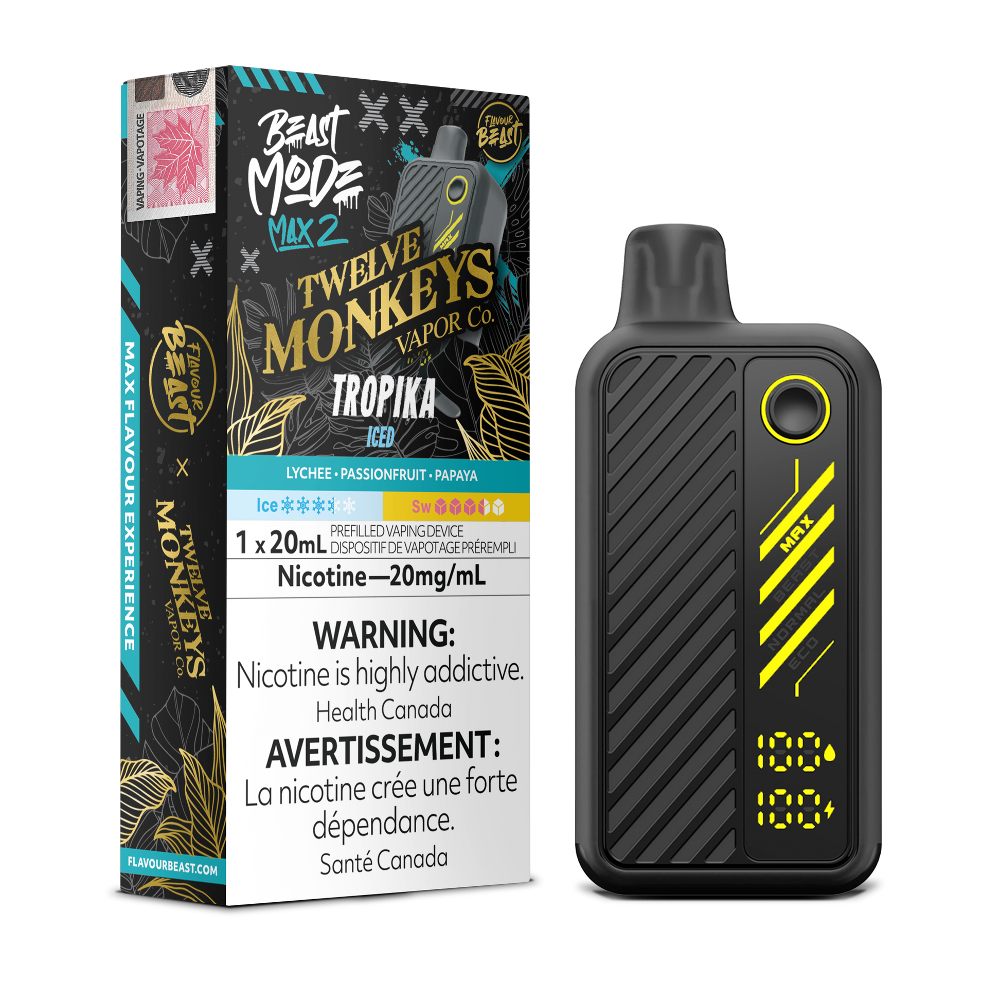 Flavour Beast Beast Mode Max 2 Tropika Iced disposable vape blending lychee, passionfruit & papaya with a cool finish, up to 50,000 puffs in sleek design.