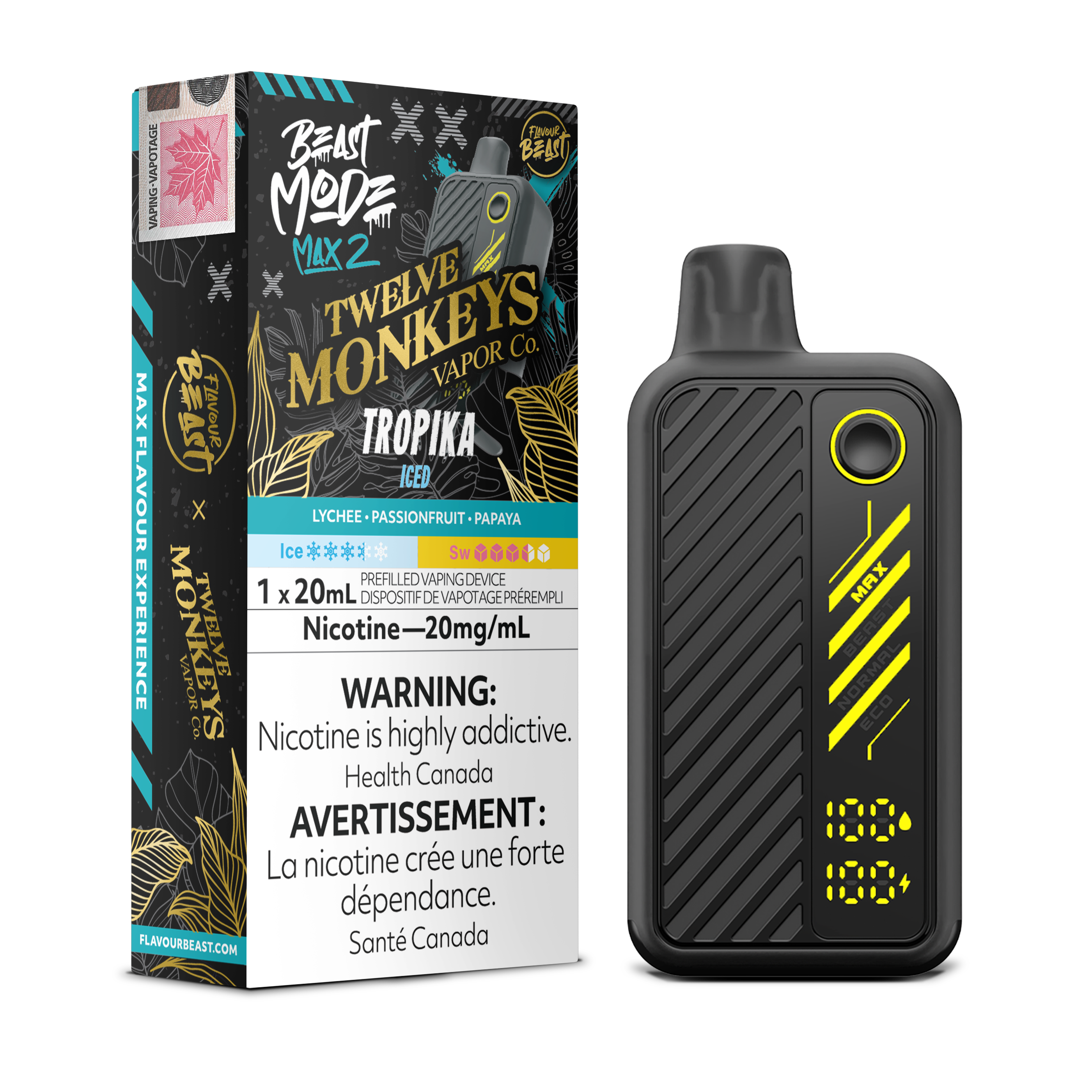 Flavour Beast Beast Mode Max 2 Tropika Iced disposable vape blending lychee, passionfruit & papaya with a cool finish, up to 50,000 puffs in sleek design.