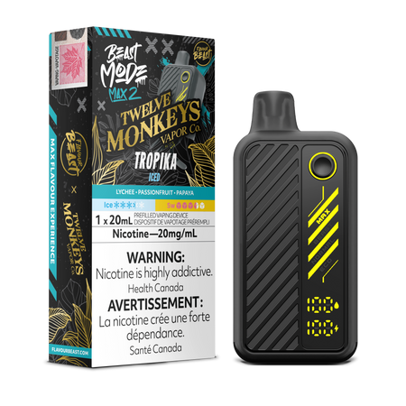 Flavour Beast Beast Mode Max 2 Tropika Iced disposable vape blending lychee, passionfruit & papaya with a cool finish, up to 50,000 puffs in sleek design.