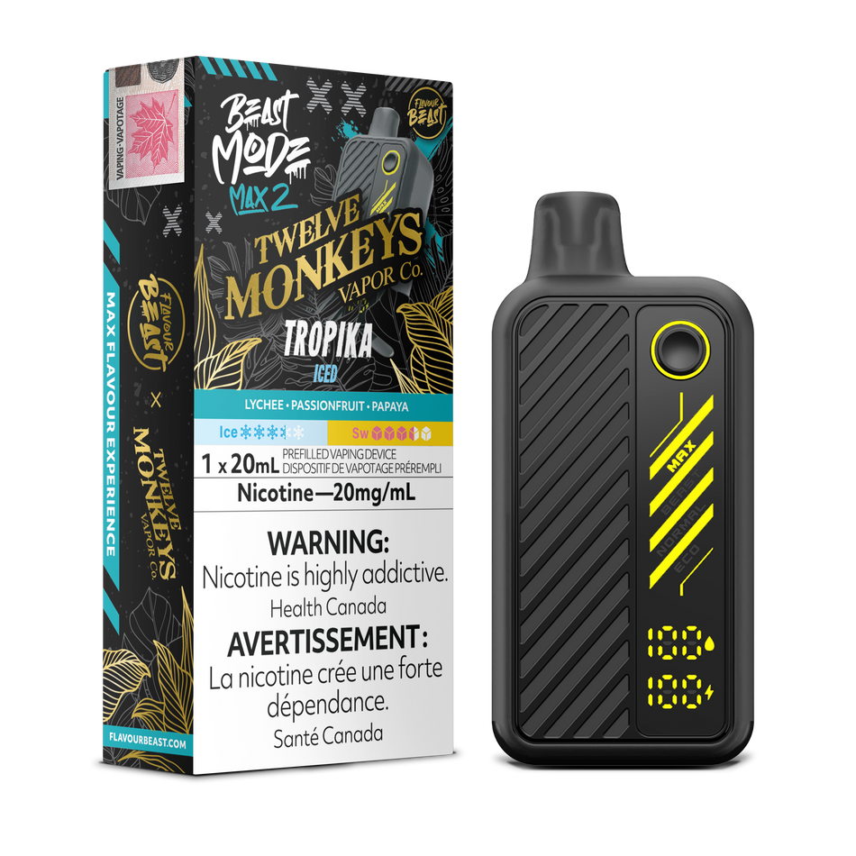 Flavour Beast Beast Mode Max 2 Tropika Iced disposable vape blending lychee, passionfruit & papaya with a cool finish, up to 50,000 puffs in sleek design.