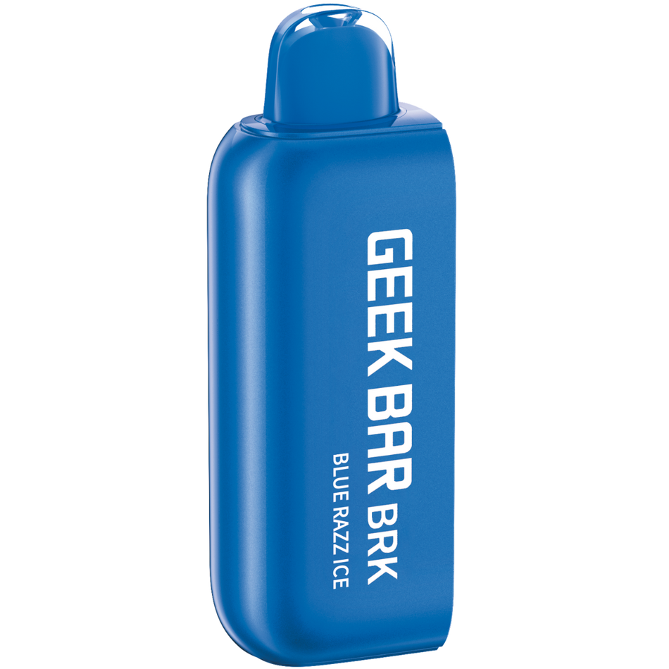 A GEEK BAR BRK pod in blue color with the text 'BLUE RAZZ ICE' printed on it.