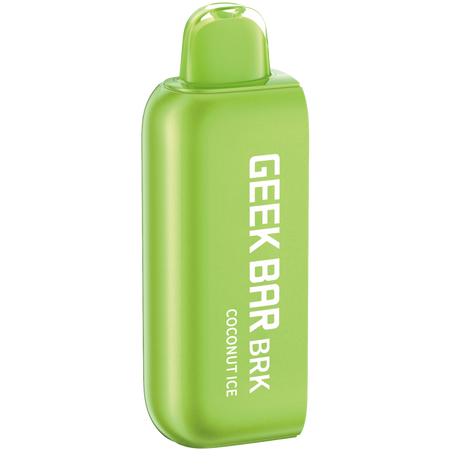 A GEEK BAR BRK pod in green color with the text 'GEEK BAR BRK COCONUT ICE' printed on it.