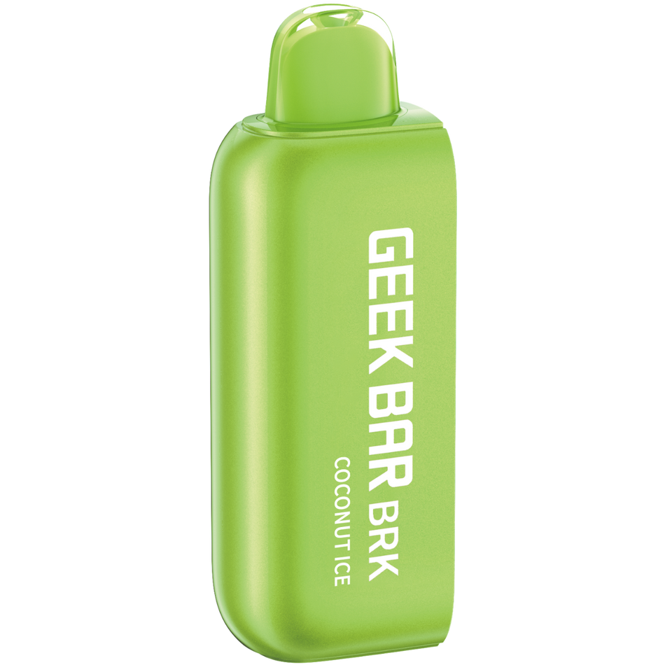 A GEEK BAR BRK pod in green color with the text 'GEEK BAR BRK COCONUT ICE' printed on it.