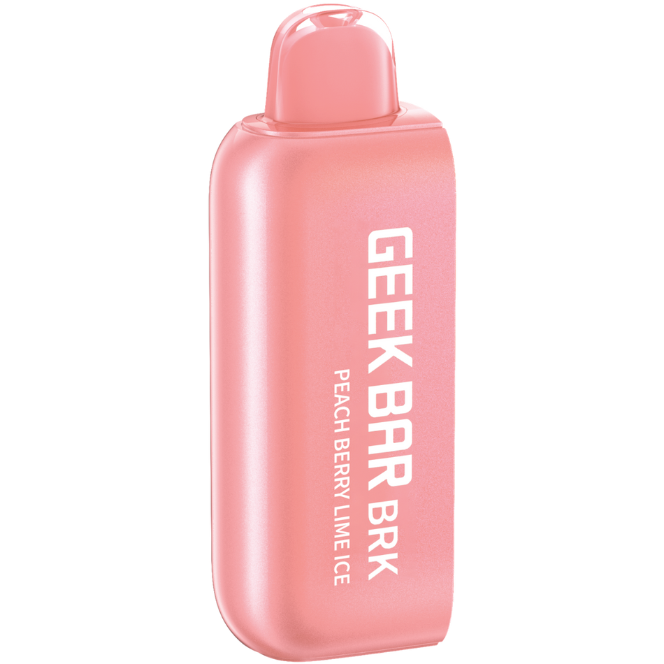 A pink disposable GEEK BAR BRK pod with the flavor Peach Berry Lime Ice indicated on the front.