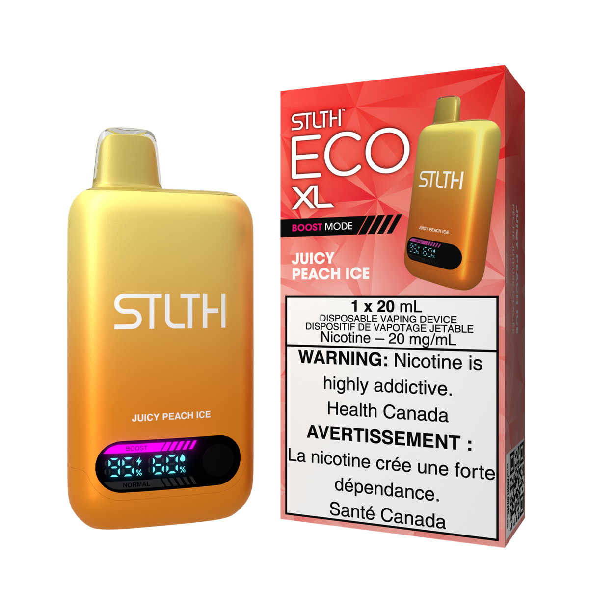 STLTH ECO XL disposable vape Canada — 20 mL e‑liquid, rechargeable USB‑C, LED screen, adjustable airflow, high-value long-lasting design.