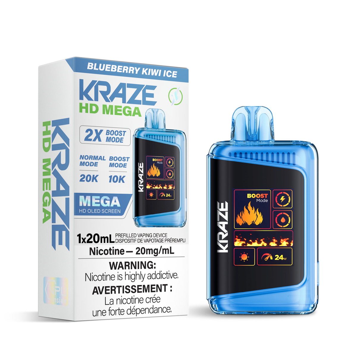 Kraze HD Mega Disposable Vape Blueberry Kiwi Ice – 20k puff device, dual-mesh coil, Boost/Regular mode, OLED screen, Type-C rechargeable; bold blueberry & kiwi with icy finish.