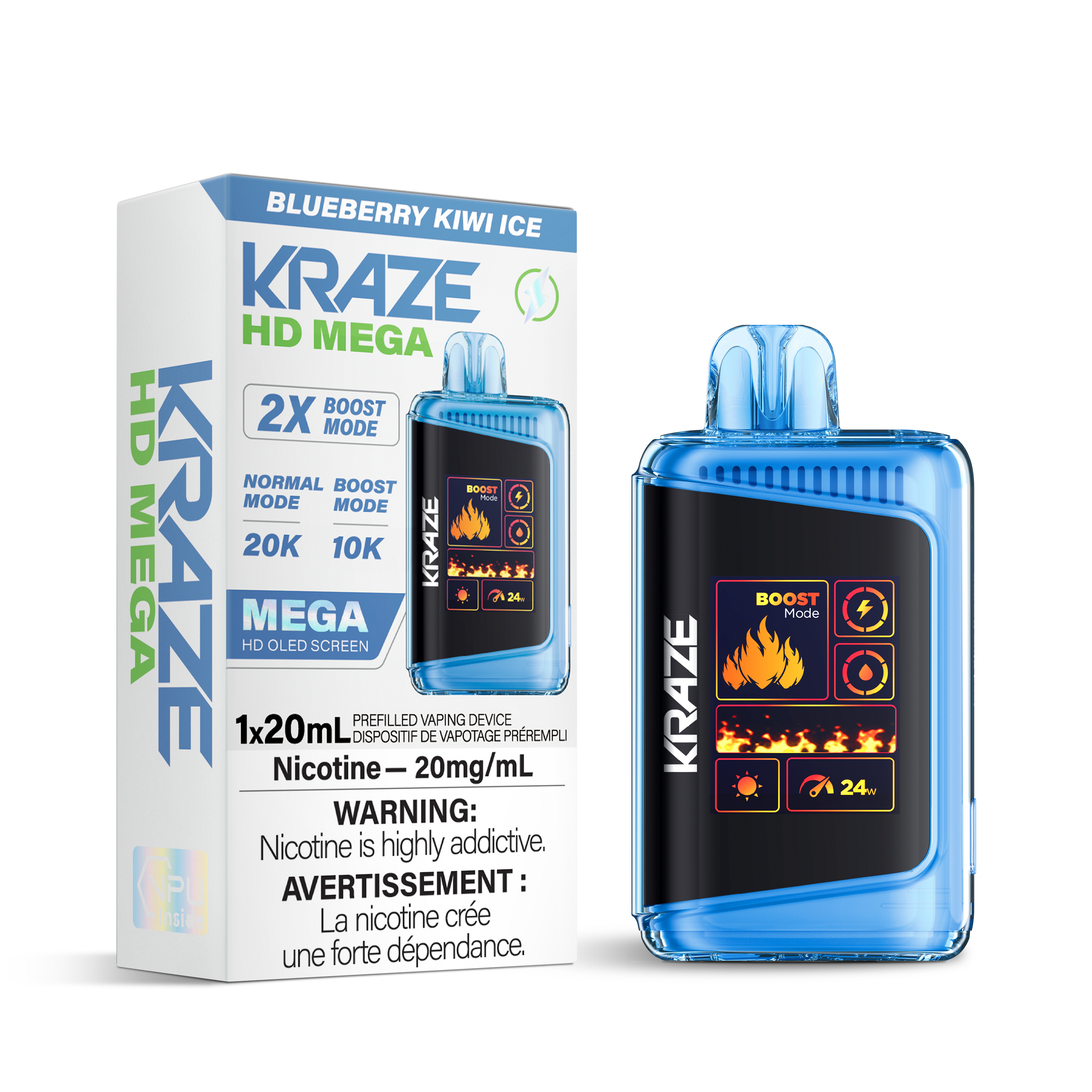 Kraze HD Mega Disposable Vape Blueberry Kiwi Ice – 20k puff device, dual-mesh coil, Boost/Regular mode, OLED screen, Type-C rechargeable; bold blueberry & kiwi with icy finish.