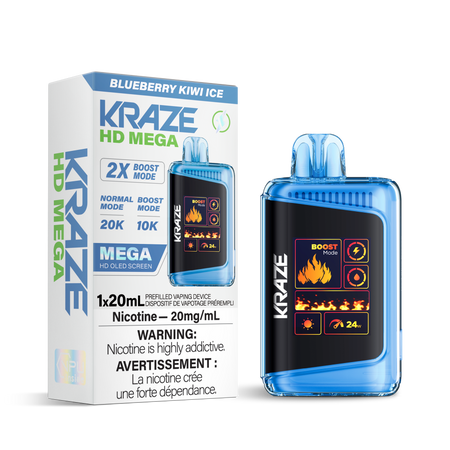 Kraze HD Mega Disposable Vape Blueberry Kiwi Ice – 20k puff device, dual-mesh coil, Boost/Regular mode, OLED screen, Type-C rechargeable; bold blueberry & kiwi with icy finish.