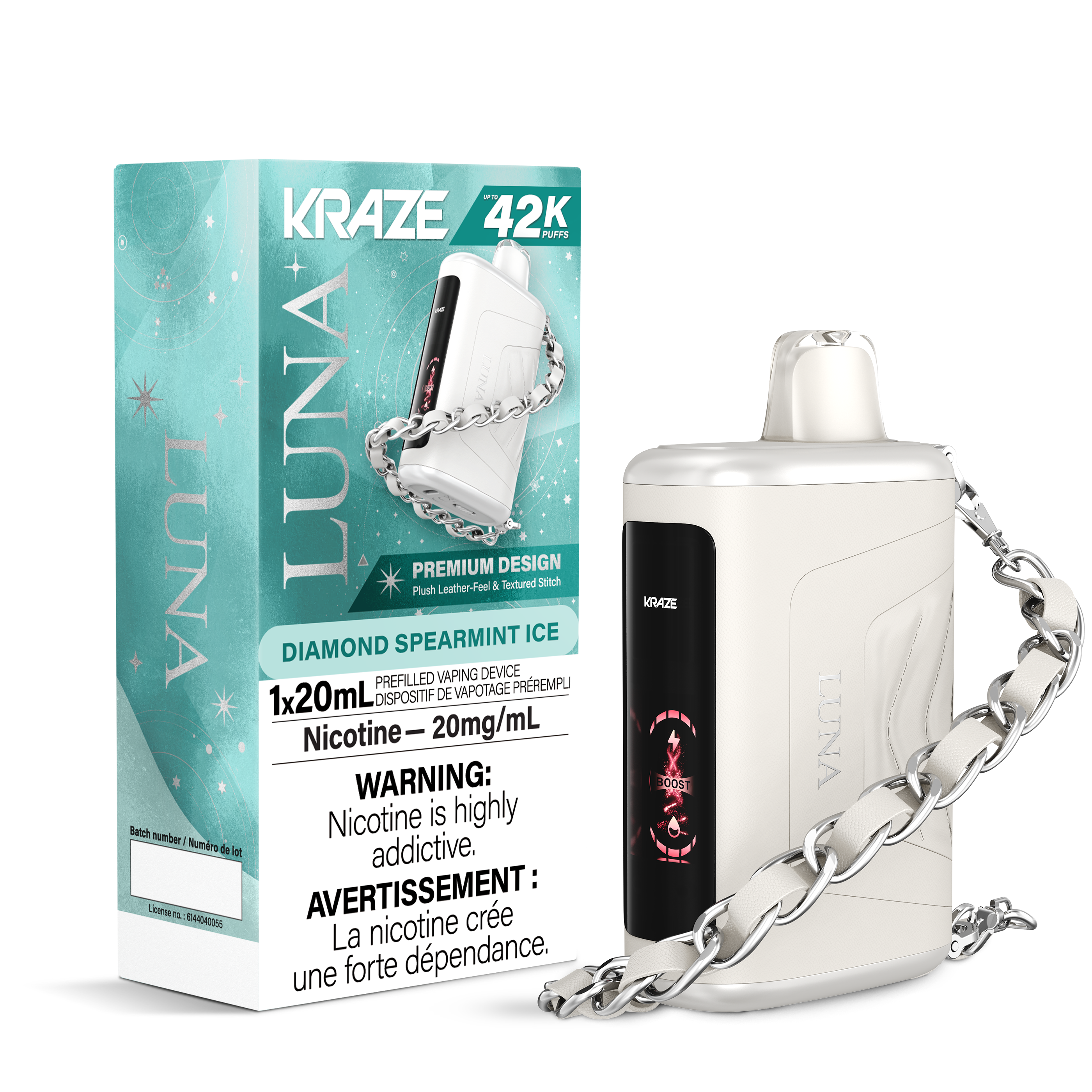 Kraze Luna 42K Disposable Vape Diamond Spearmint Ice – ultra-capacity 42,000-puff device, dual mesh coil, OLED screen, Type-C recharge; crisp spearmint with frosty menthol finish.