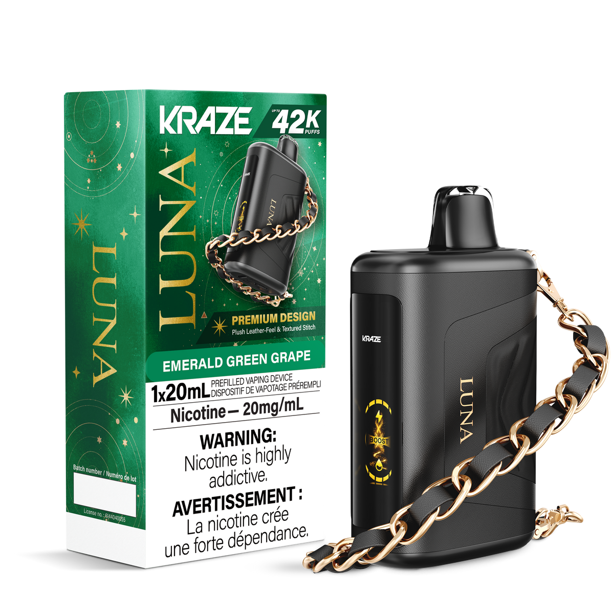 Kraze Luna 42K Disposable Vape – ultra-capacity 42,000-puff device with high-performance dual mesh coil, OLED screen, Type-C recharge and premium luxury finish.