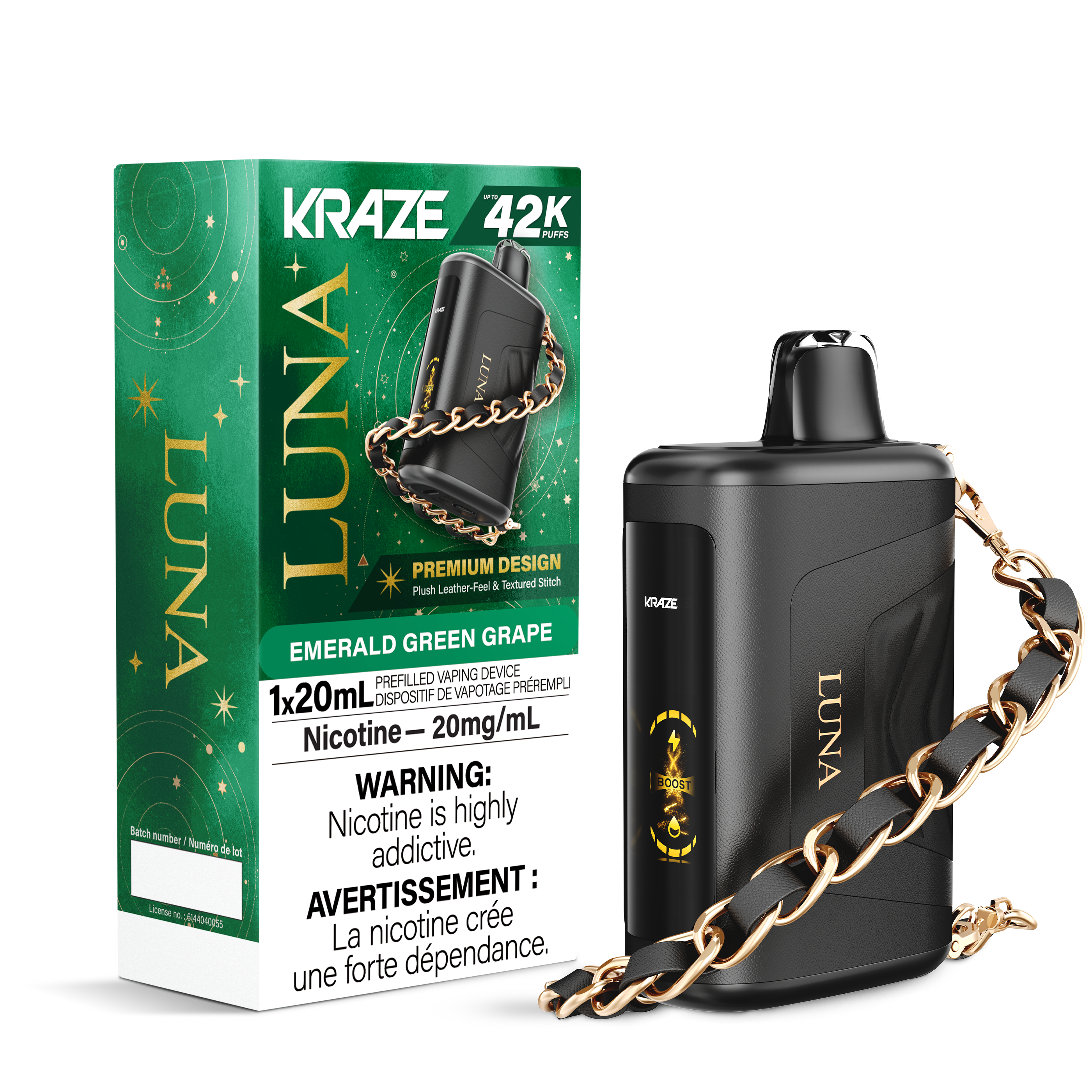 Kraze Luna 42K Disposable Vape – ultra-capacity 42,000-puff device with high-performance dual mesh coil, OLED screen, Type-C recharge and premium luxury finish.