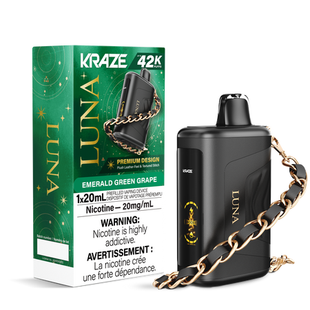 Kraze Luna 42K Disposable Vape – ultra-capacity 42,000-puff device with high-performance dual mesh coil, OLED screen, Type-C recharge and premium luxury finish.
