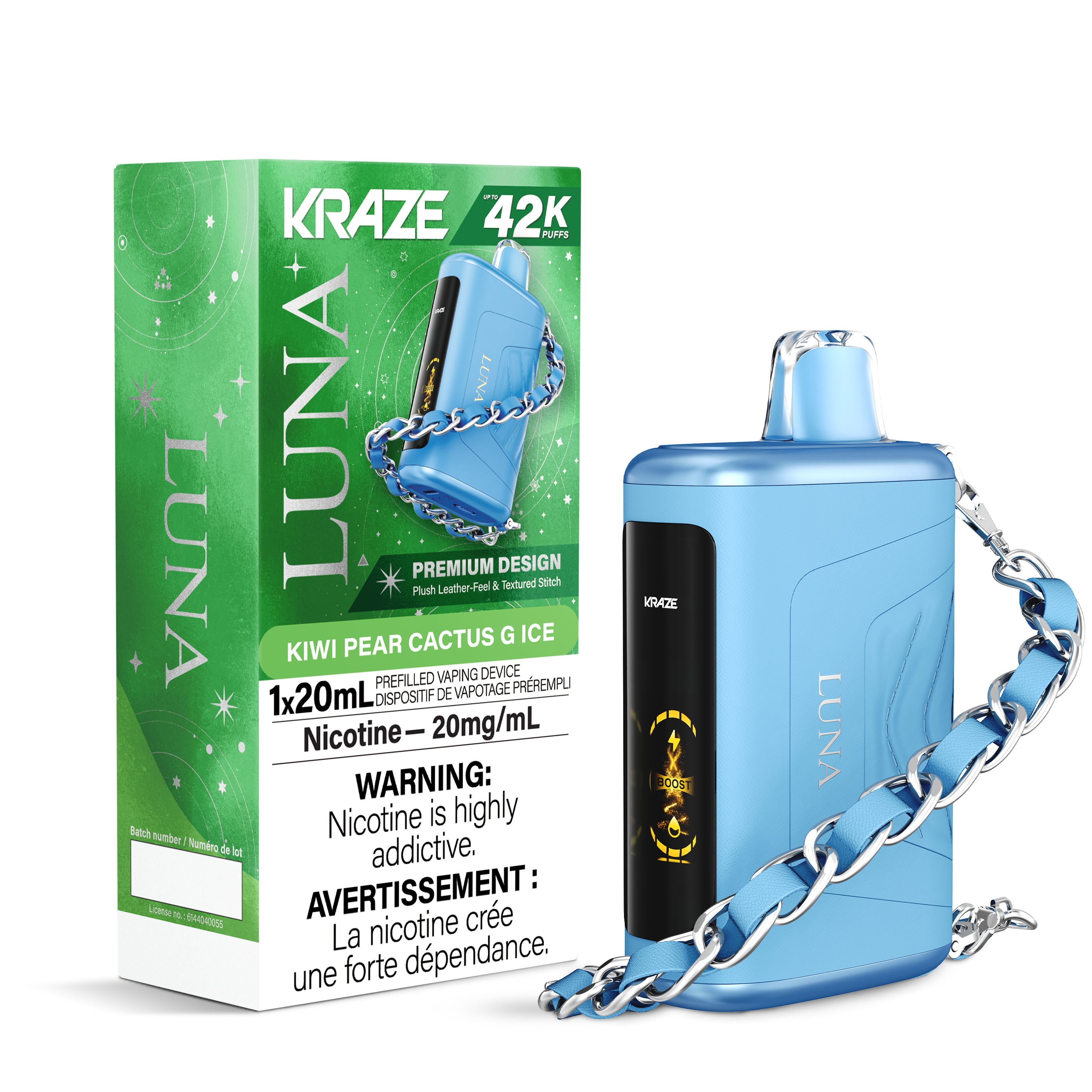Kraze Luna 42K Disposable Vape – ultra-capacity 42,000-puff device with high-performance dual mesh coil, OLED screen, Type-C recharge and premium luxury finish.