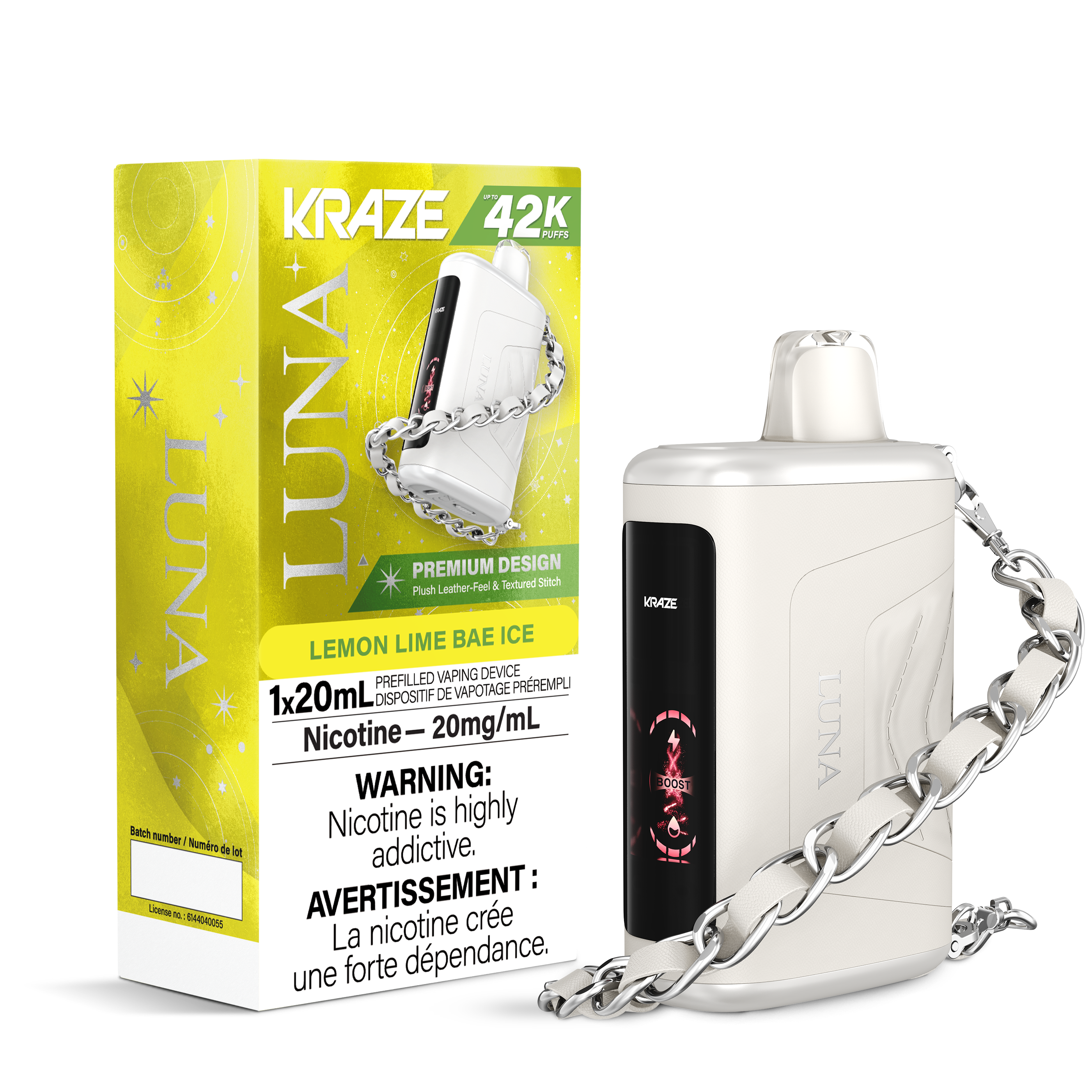 Kraze Luna 42K Disposable Vape – ultra-capacity 42,000-puff device with high-performance dual mesh coil, OLED screen, Type-C recharge and premium luxury finish.