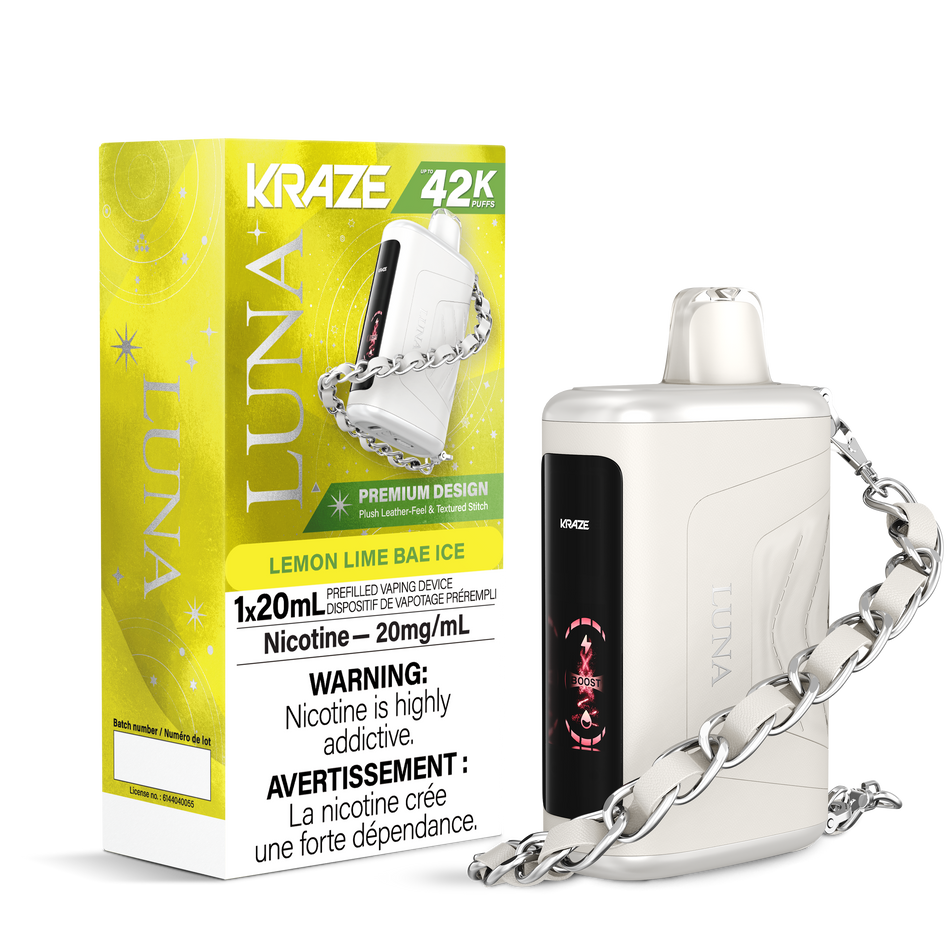 Kraze Luna 42K Disposable Vape – ultra-capacity 42,000-puff device with high-performance dual mesh coil, OLED screen, Type-C recharge and premium luxury finish.