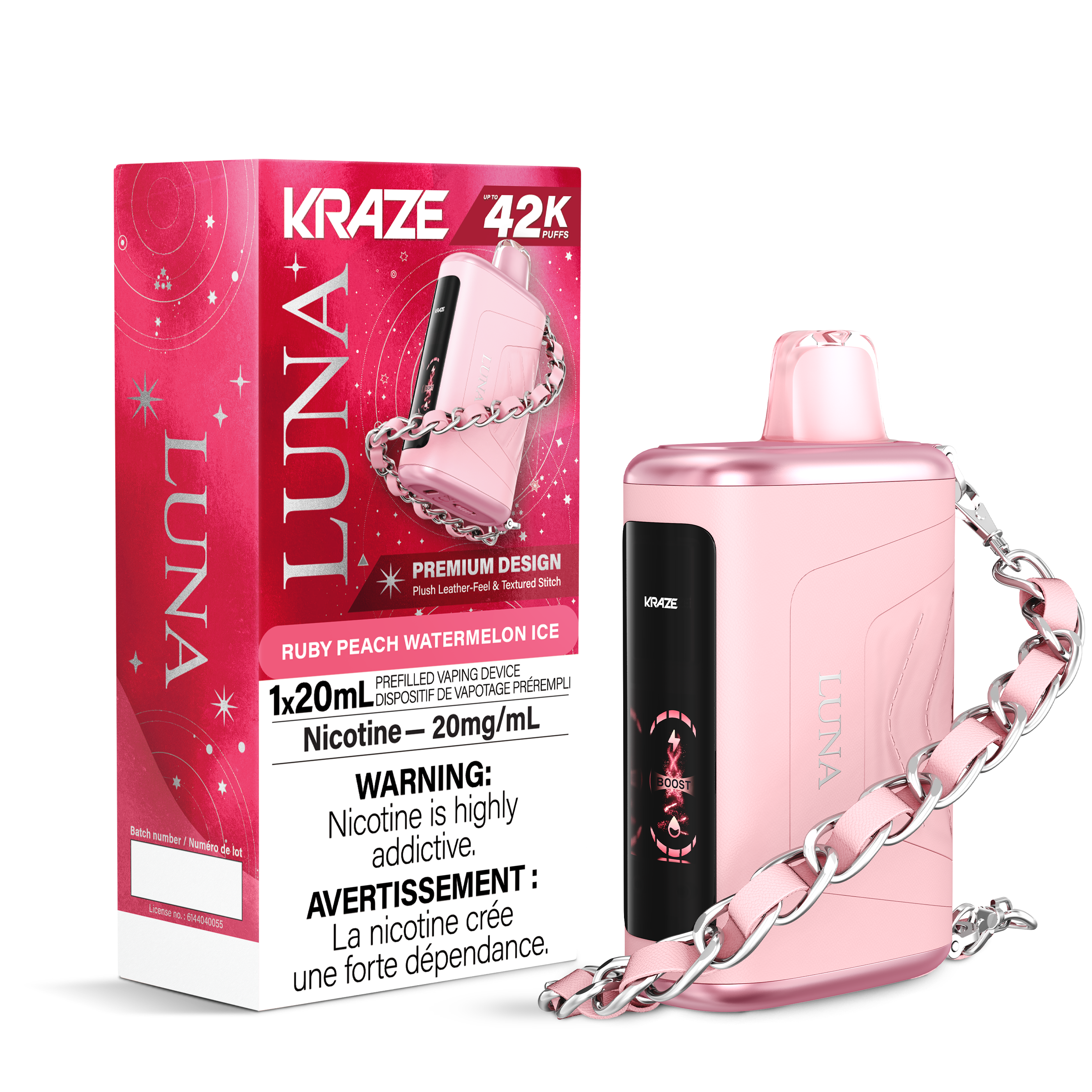 Kraze Luna 42K Disposable Vape – ultra-capacity 42,000-puff device with high-performance dual mesh coil, OLED screen, Type-C recharge and premium luxury finish.