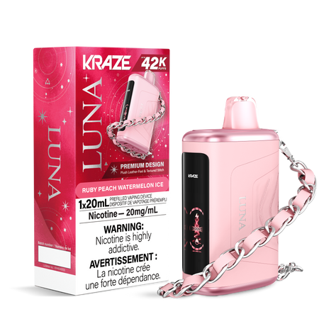 Kraze Luna 42K Disposable Vape – ultra-capacity 42,000-puff device with high-performance dual mesh coil, OLED screen, Type-C recharge and premium luxury finish.