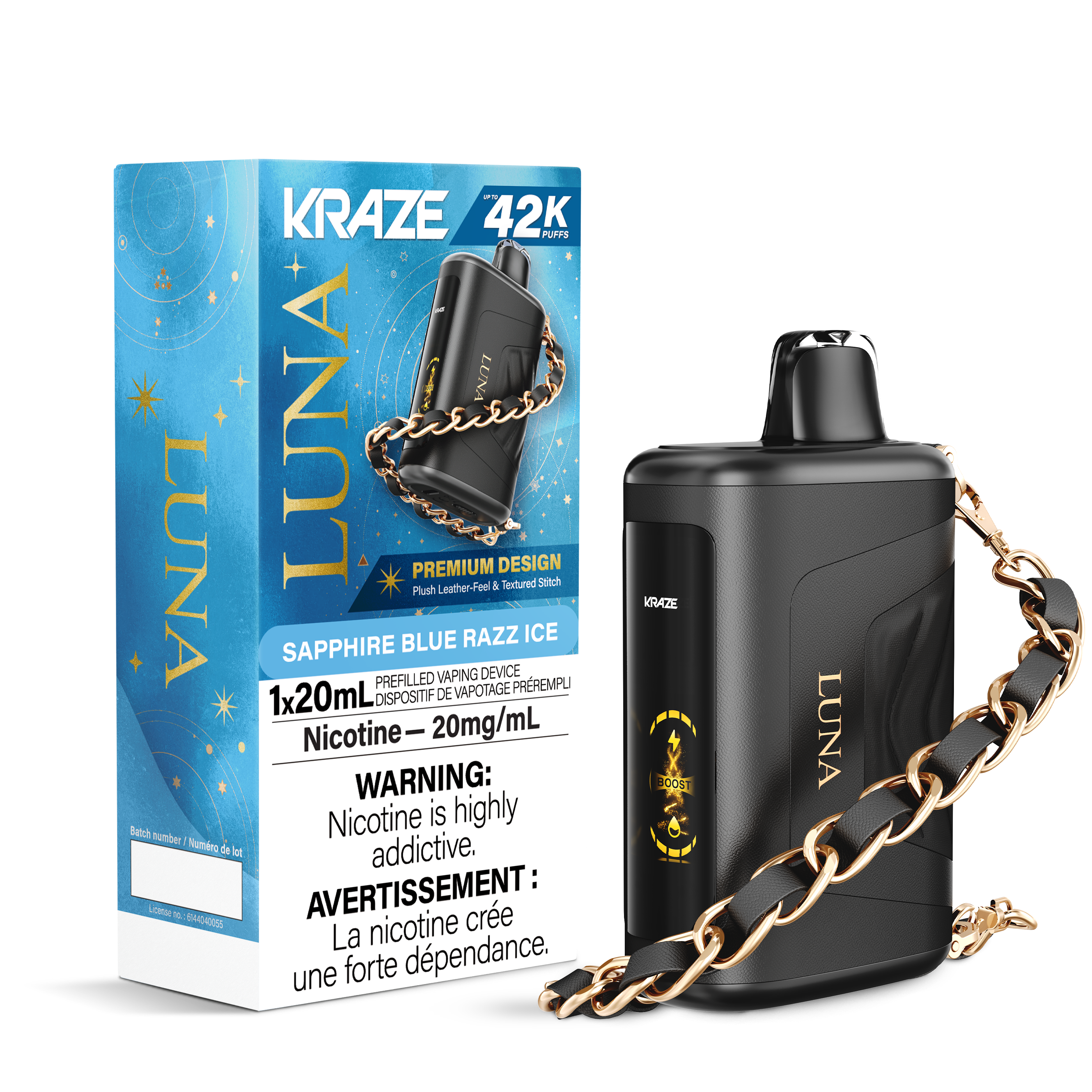 Kraze Luna 42K Disposable Vape – ultra-capacity 42,000-puff device with high-performance dual mesh coil, OLED screen, Type-C recharge and premium luxury finish.