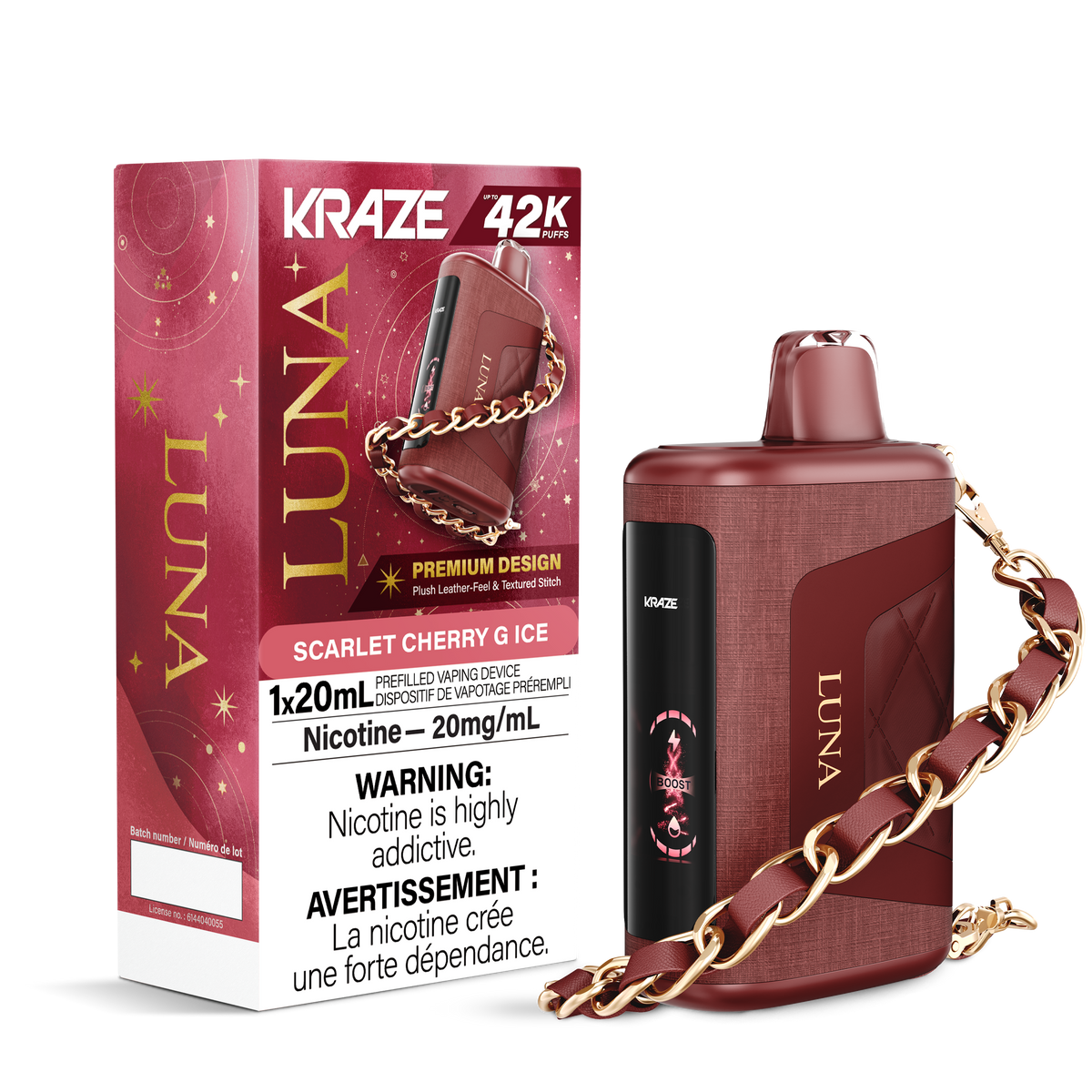 Kraze Luna 42K Disposable Vape – ultra-capacity 42,000-puff device with high-performance dual mesh coil, OLED screen, Type-C recharge and premium luxury finish.