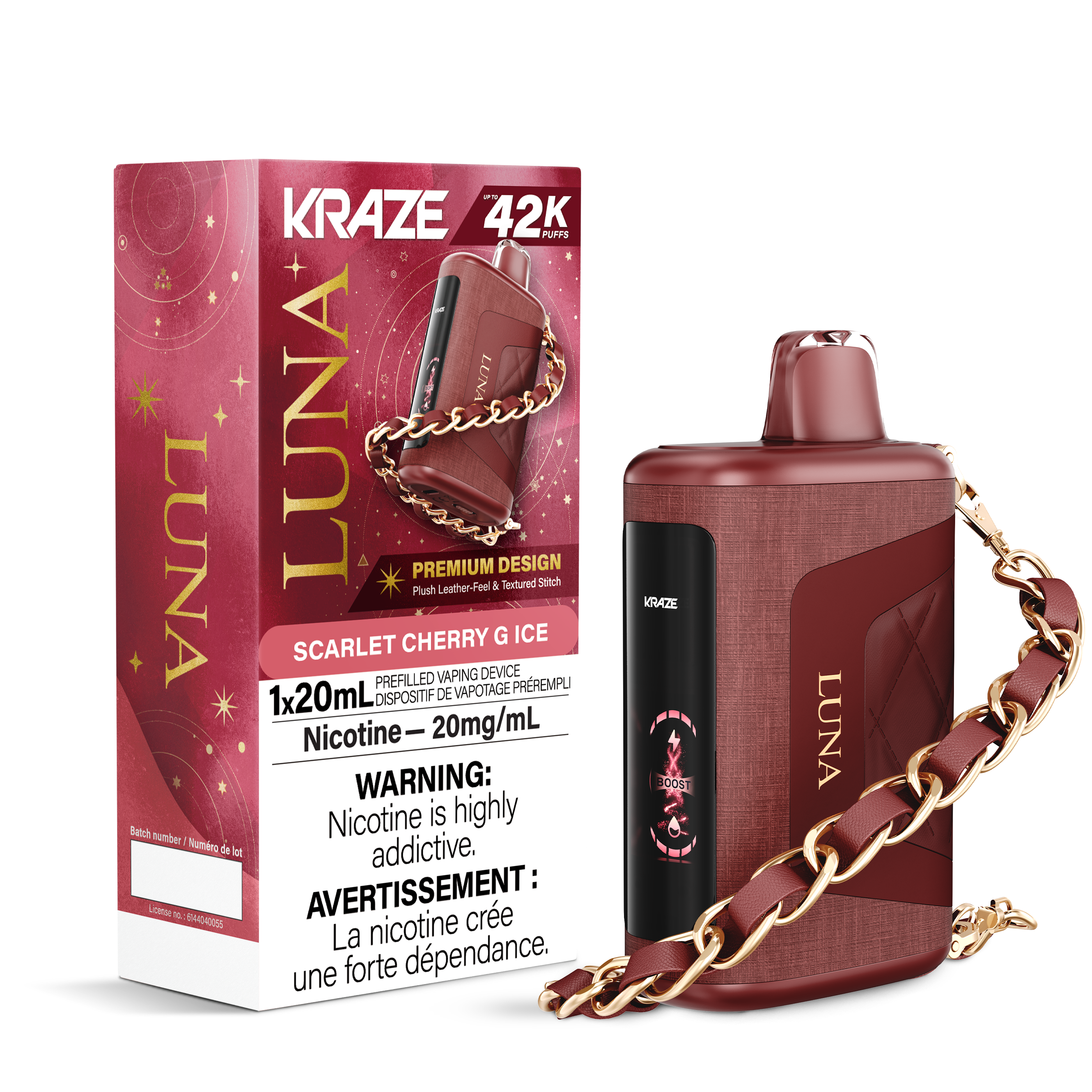 Kraze Luna 42K Disposable Vape – ultra-capacity 42,000-puff device with high-performance dual mesh coil, OLED screen, Type-C recharge and premium luxury finish.